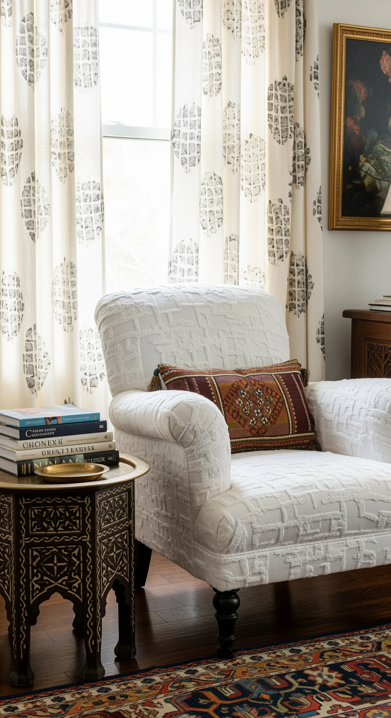 Poltrona bianca testurizzata con cuscino etnico, tavolino intarsiato e tappeto persiano.