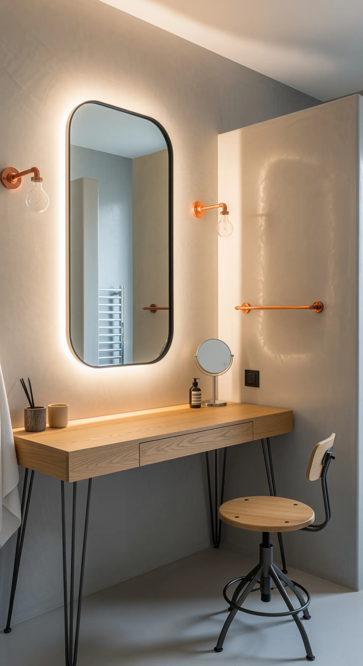 Scrivania beauty in legno con gambe a forcina e dettagli in rame.