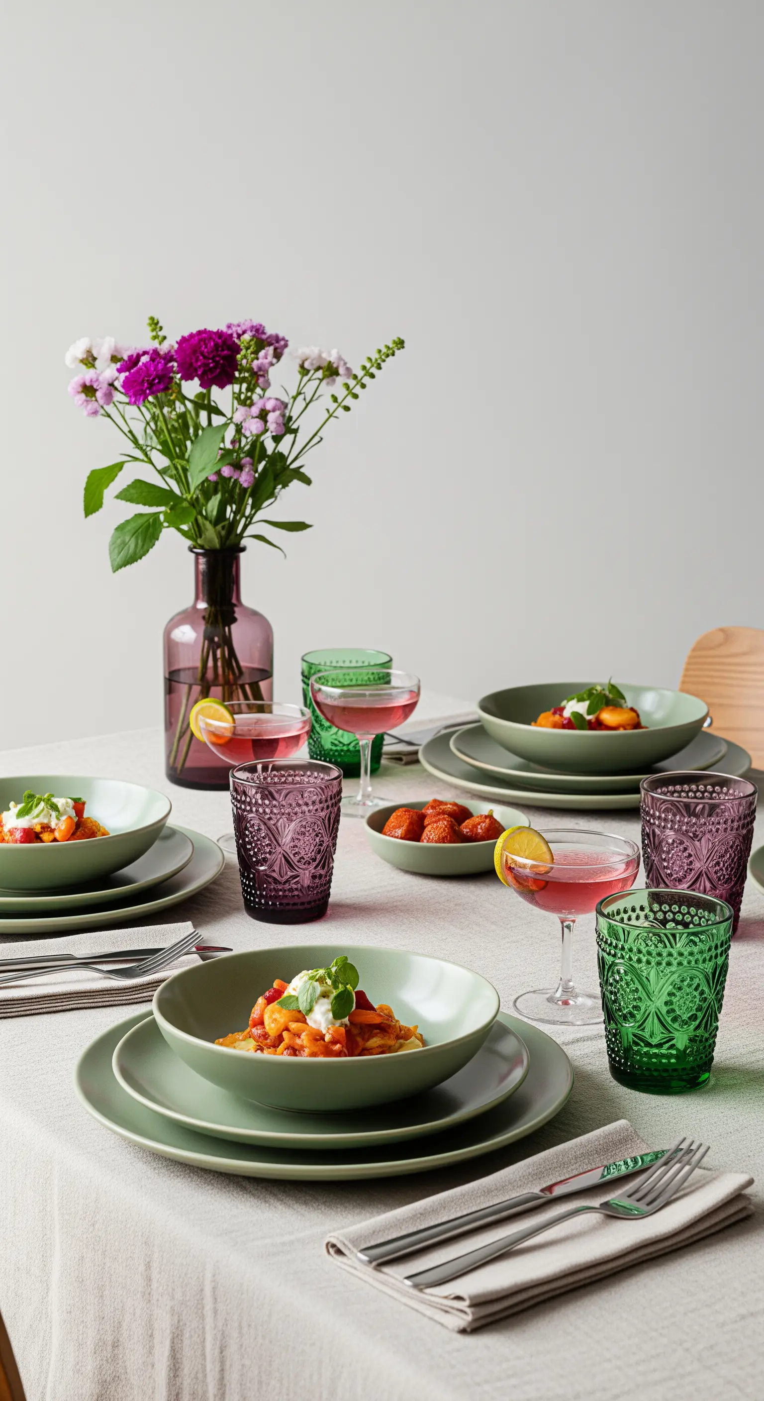 Tavola eclettica con piatti verde salvia, tovaglia neutra e bicchieri colorati in stile vintage
