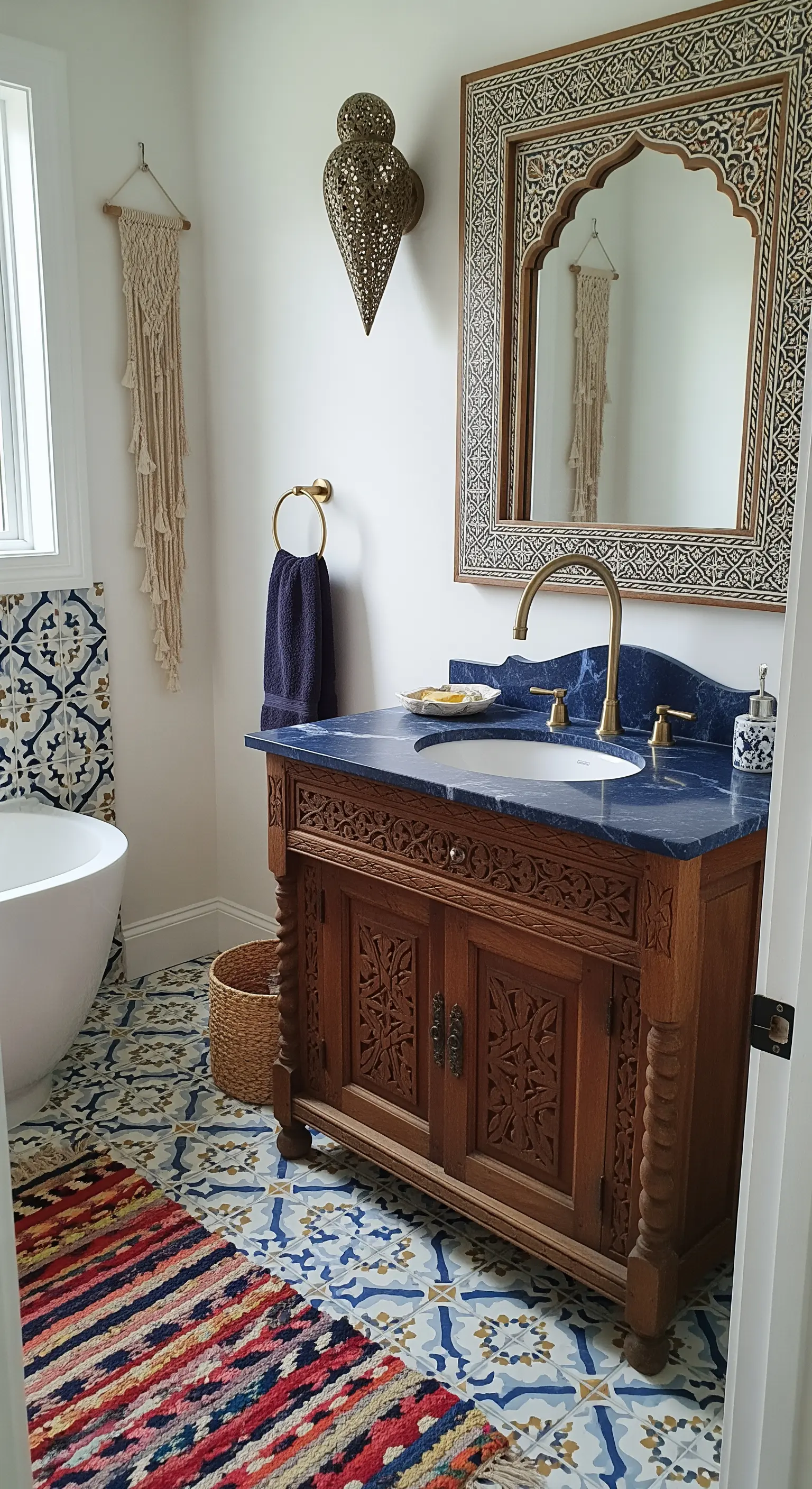 Bagno eclettico con mobile in legno intagliato, top in marmo blu e piastrelle decorate a terra.