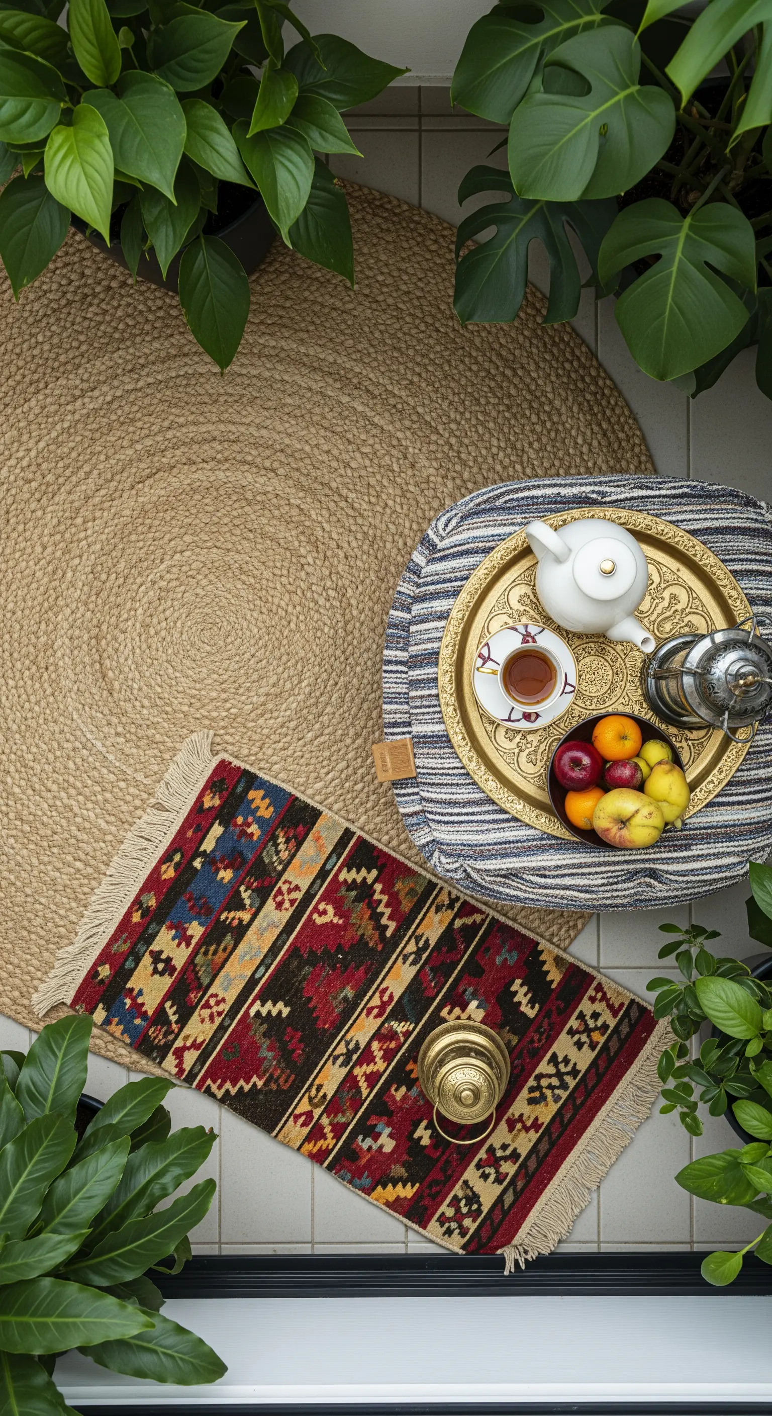 Vista dall'alto di un tappeto in juta con sopra un piccolo kilim, un pouf e un vassoio per il tè.