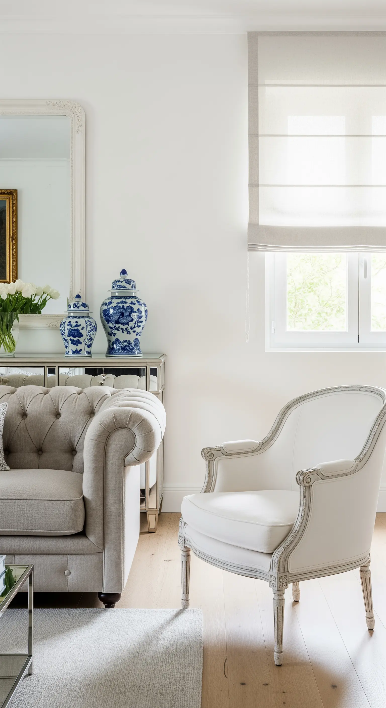 Dettaglio di un soggiorno con divano Chesterfield, consolle a specchio e vasi cinesi blu.