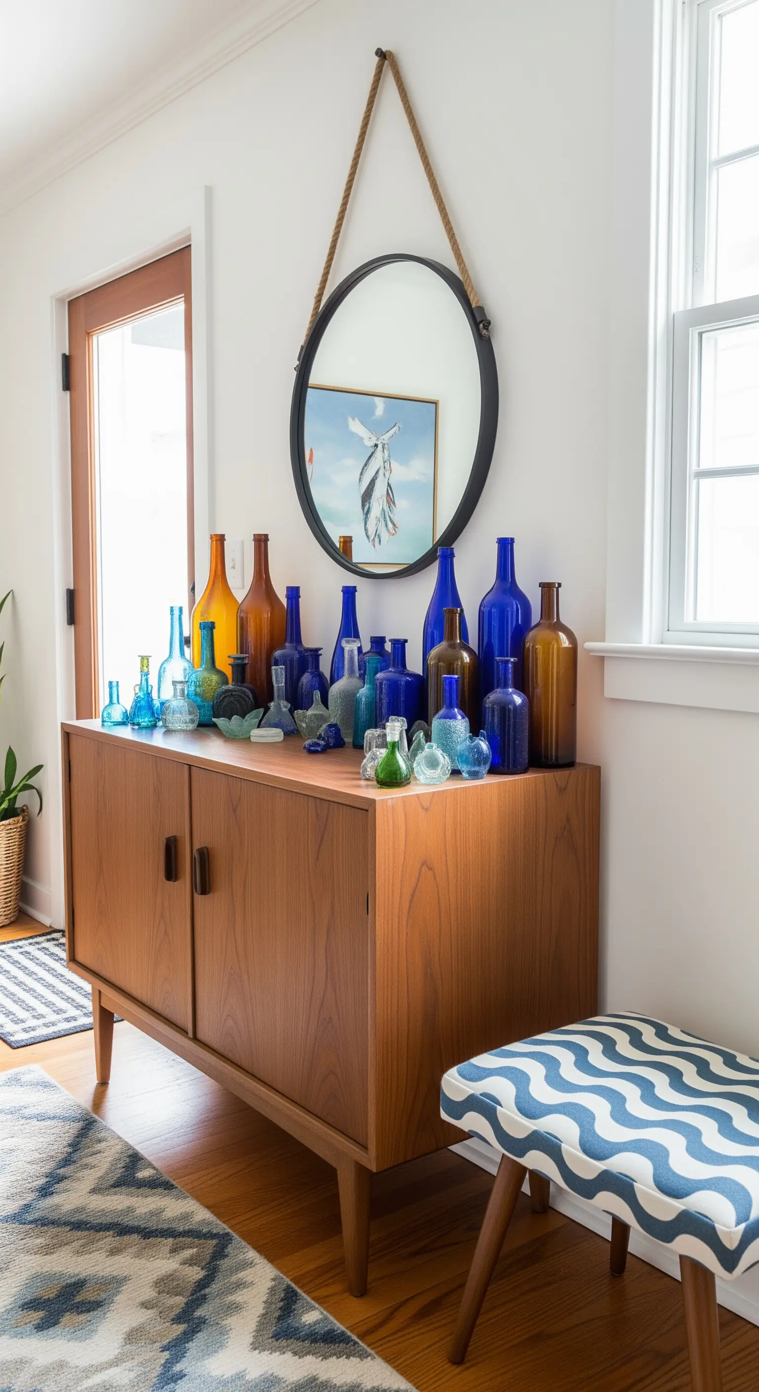 Credenza in teak Mid-Century con una collezione di bottiglie di vetro blu e uno sgabello a righe.