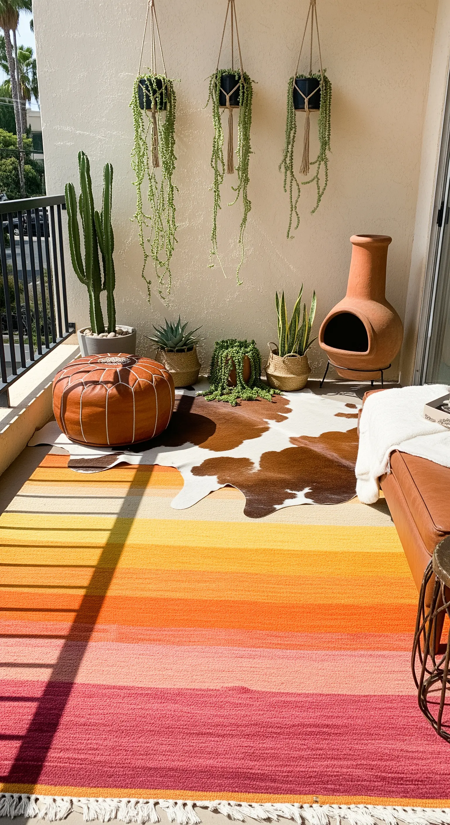 Balcone in stile desert-boho con chiminea, tappeto a strati e pouf in cuoio.