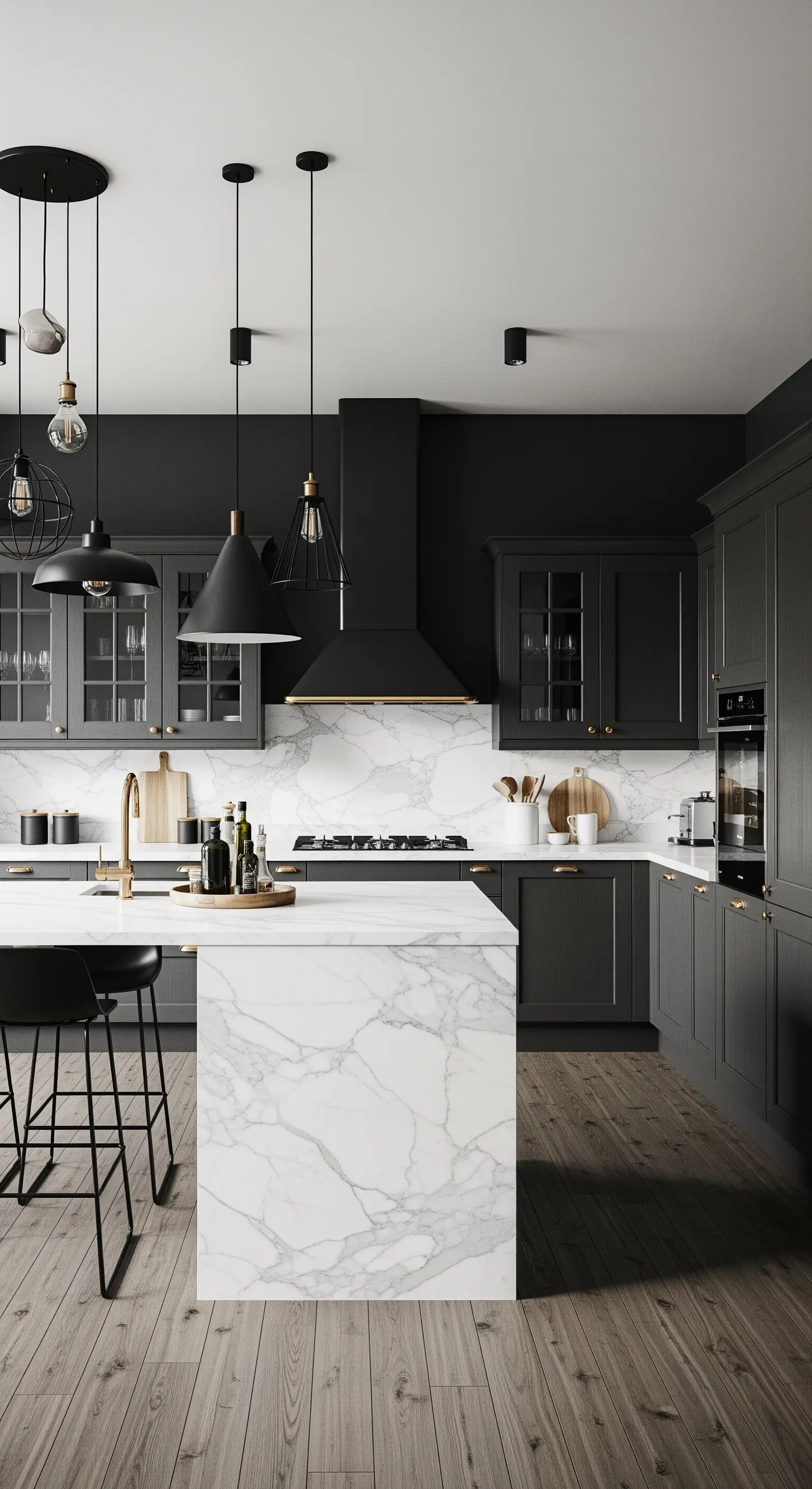 Cucina grigio scuro con isola in marmo e un mix di diverse lampade a sospensione nere.