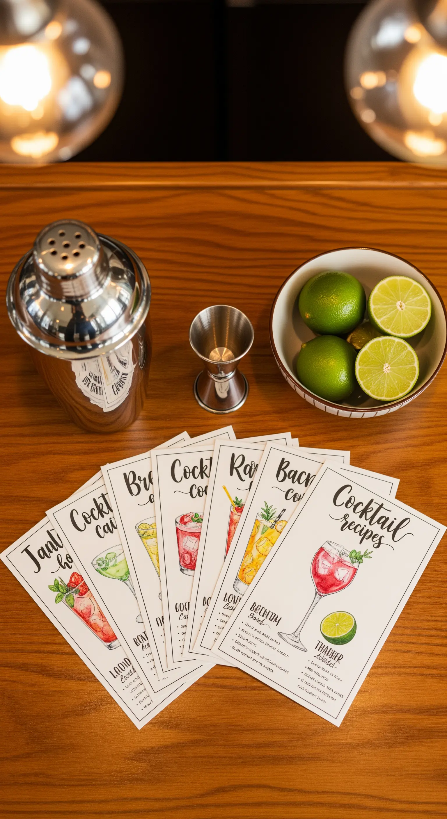 Ricette di cocktail illustrate disposte su un bancone da bar con shaker e lime