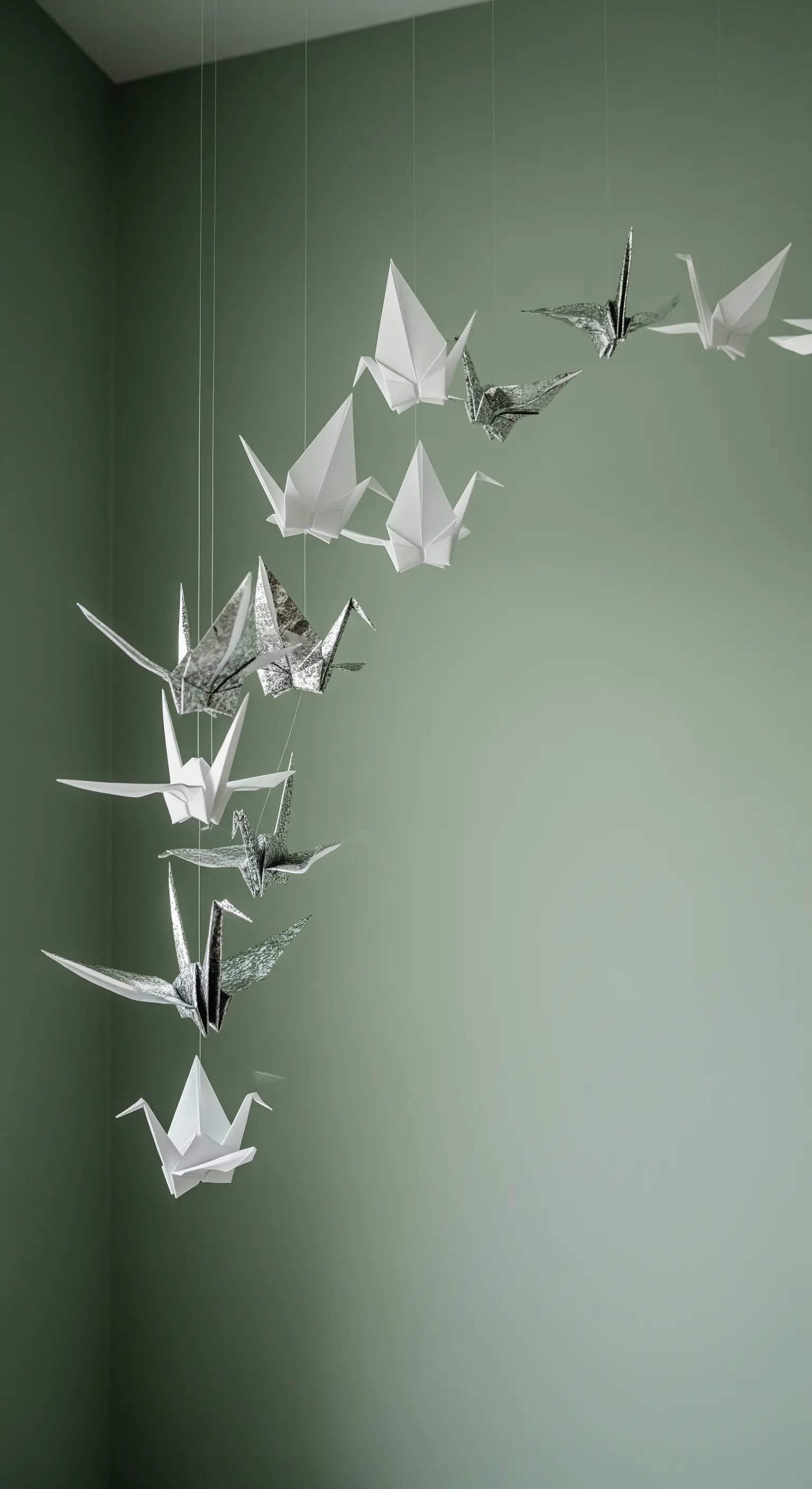 Gru origami bianche e decorate sospese a fili invisibili su sfondo verde salvia.