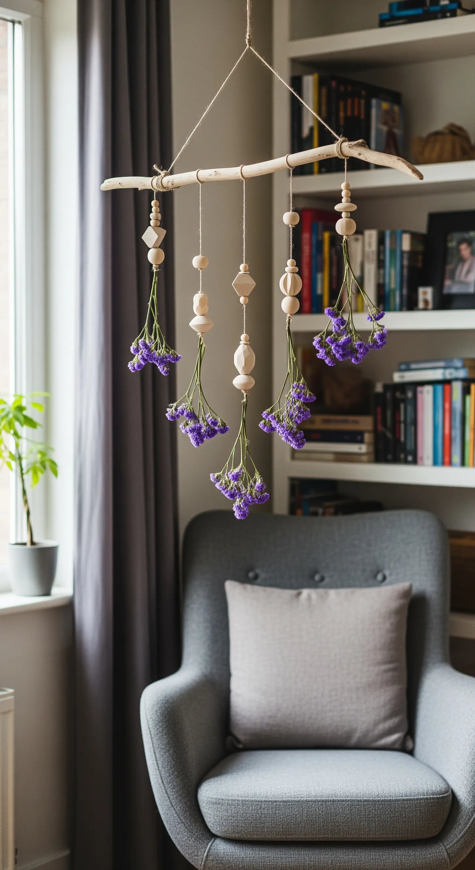 Mobile sospeso con perline di legno e mazzetti di fiori viola appeso vicino a una finestra.