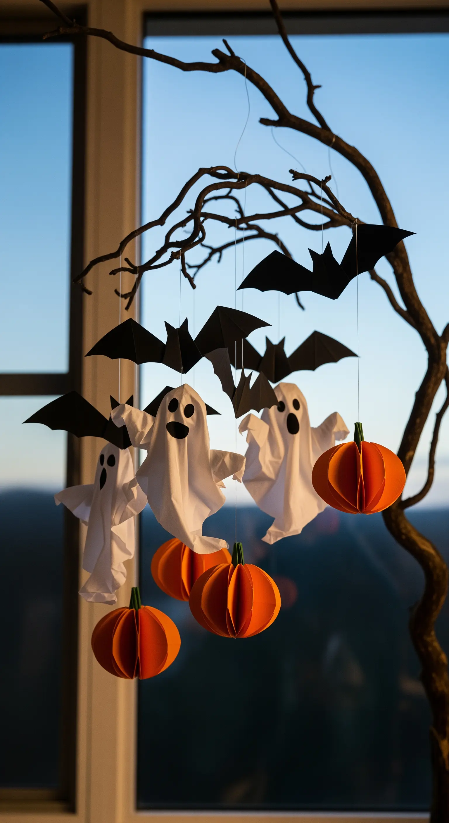 Mobile di Halloween con fantasmi, pipistrelli e zucche di carta appeso a un ramo.