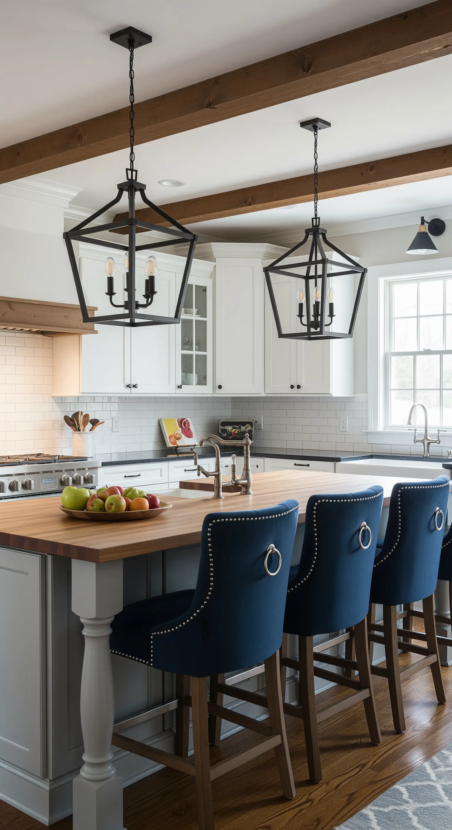 Cucina moderna in stile farmhouse con penisola in legno, sgabelli blu e lampade a lanterna