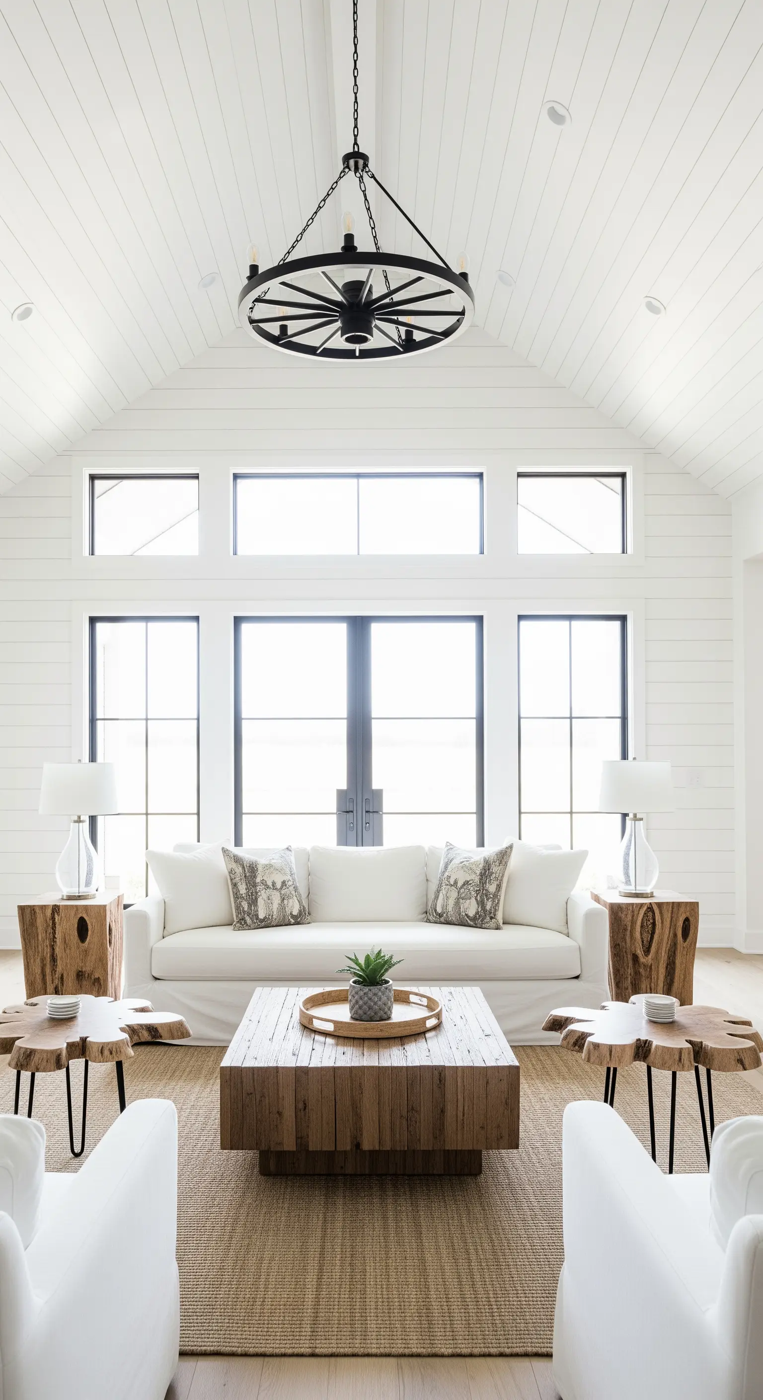Soggiorno luminoso in stile farmhouse con lampadario a ruota e tavolini a tronco.