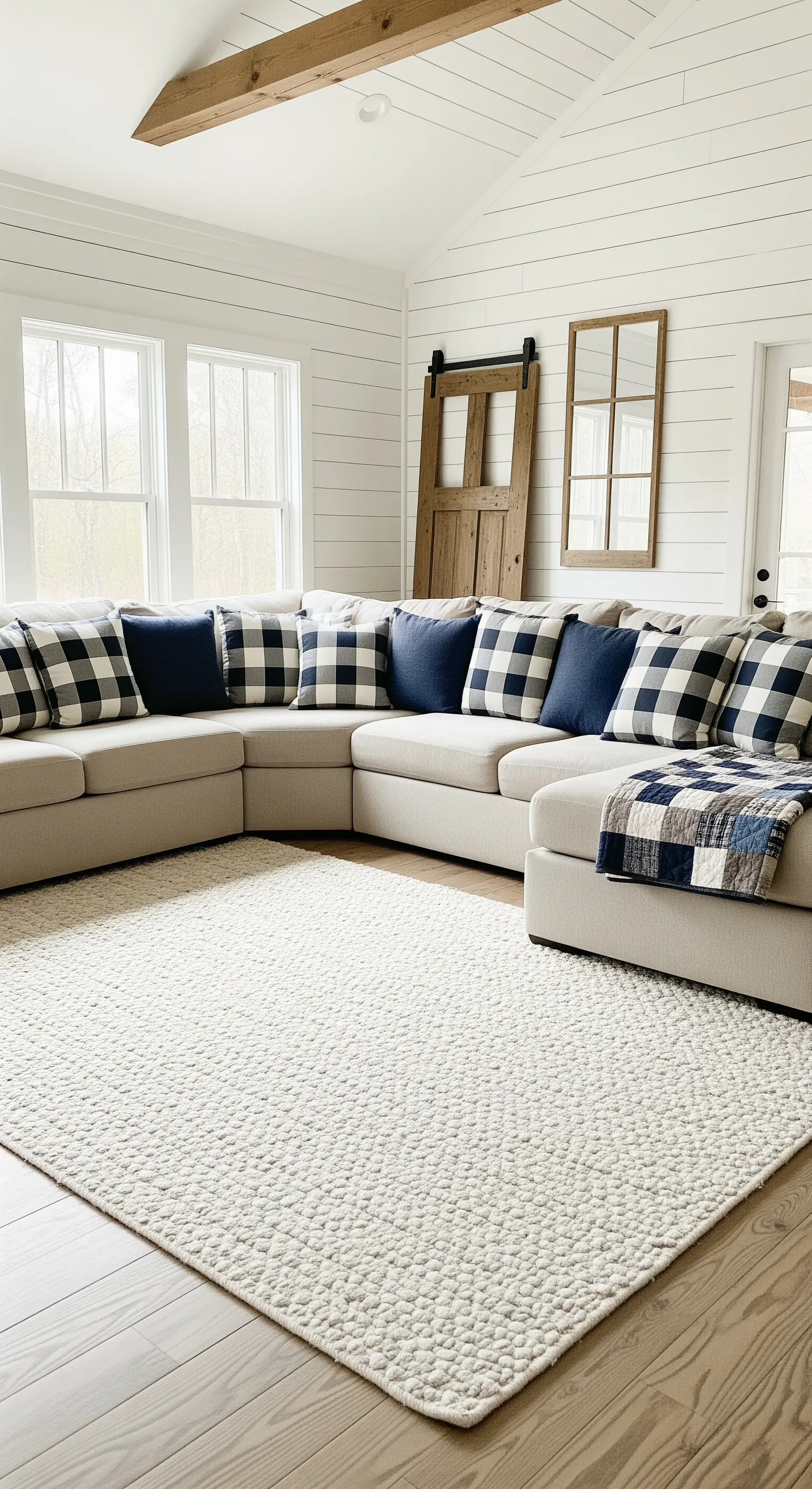 Divano angolare beige in un salotto farmhouse, con cuscini a quadri bianchi e blu.