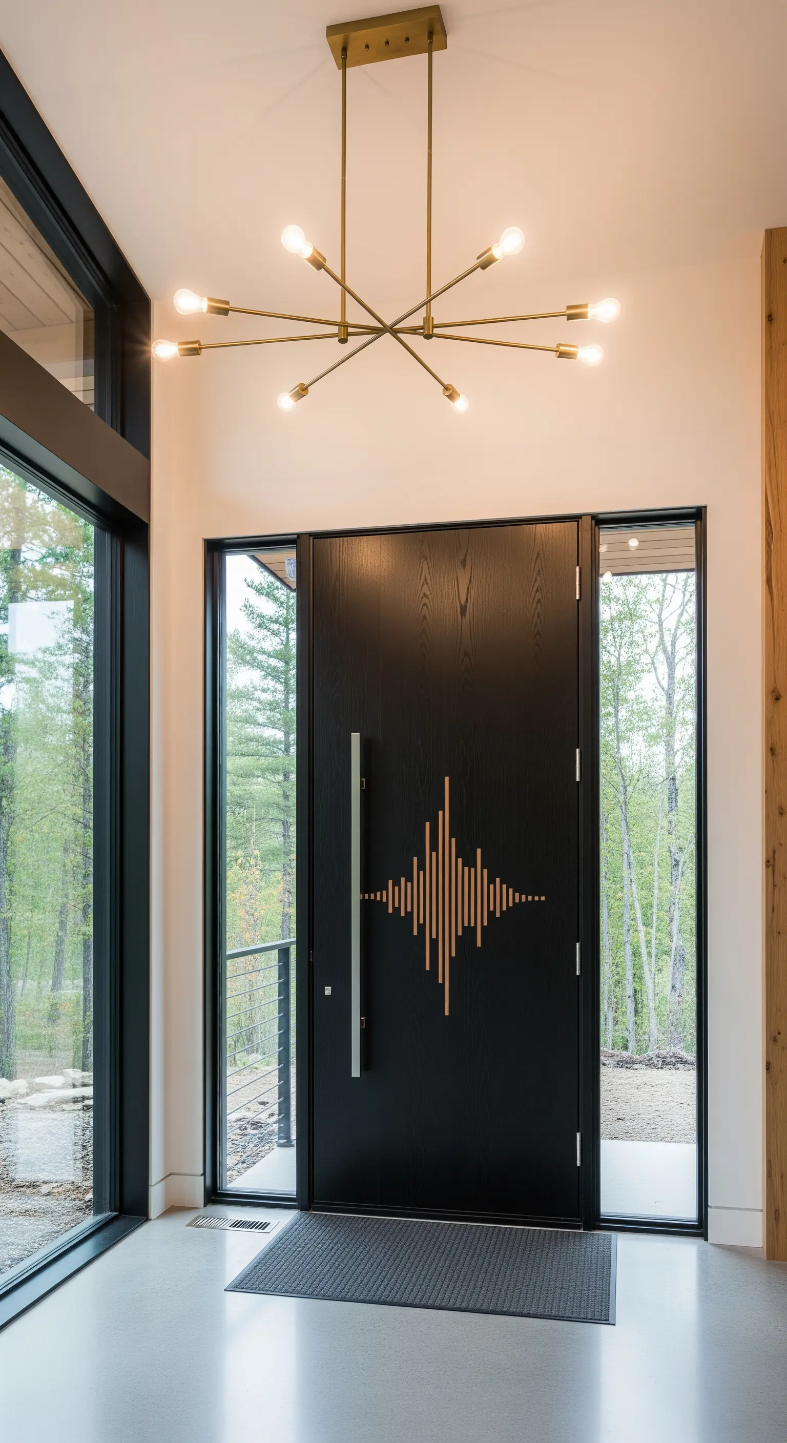 Ingresso moderno con porta nera con inserto grafico dorato e lampadario sputnik.