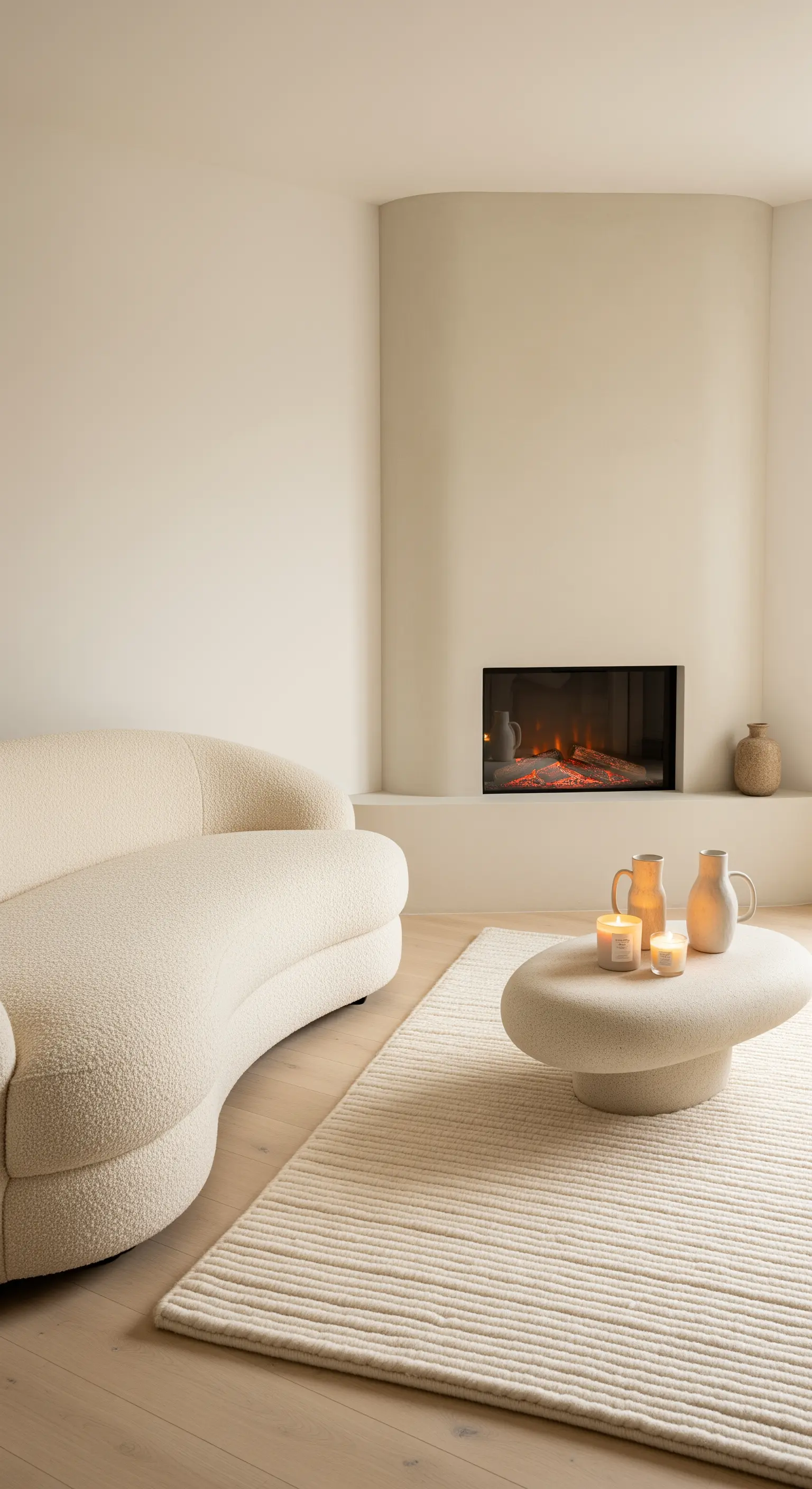 Soggiorno moderno con divano curvo color crema e camino minimalista.