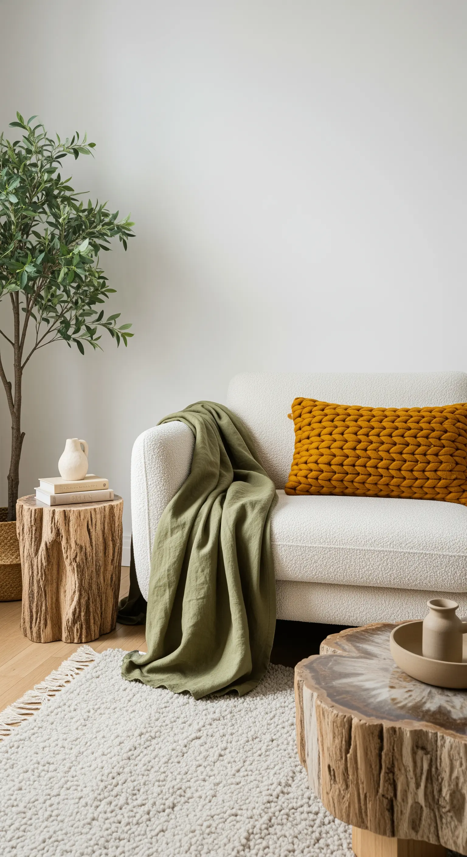 Divano bouclé bianco con coperta in lino verde, cuscino senape e tavolini a forma di tronco.