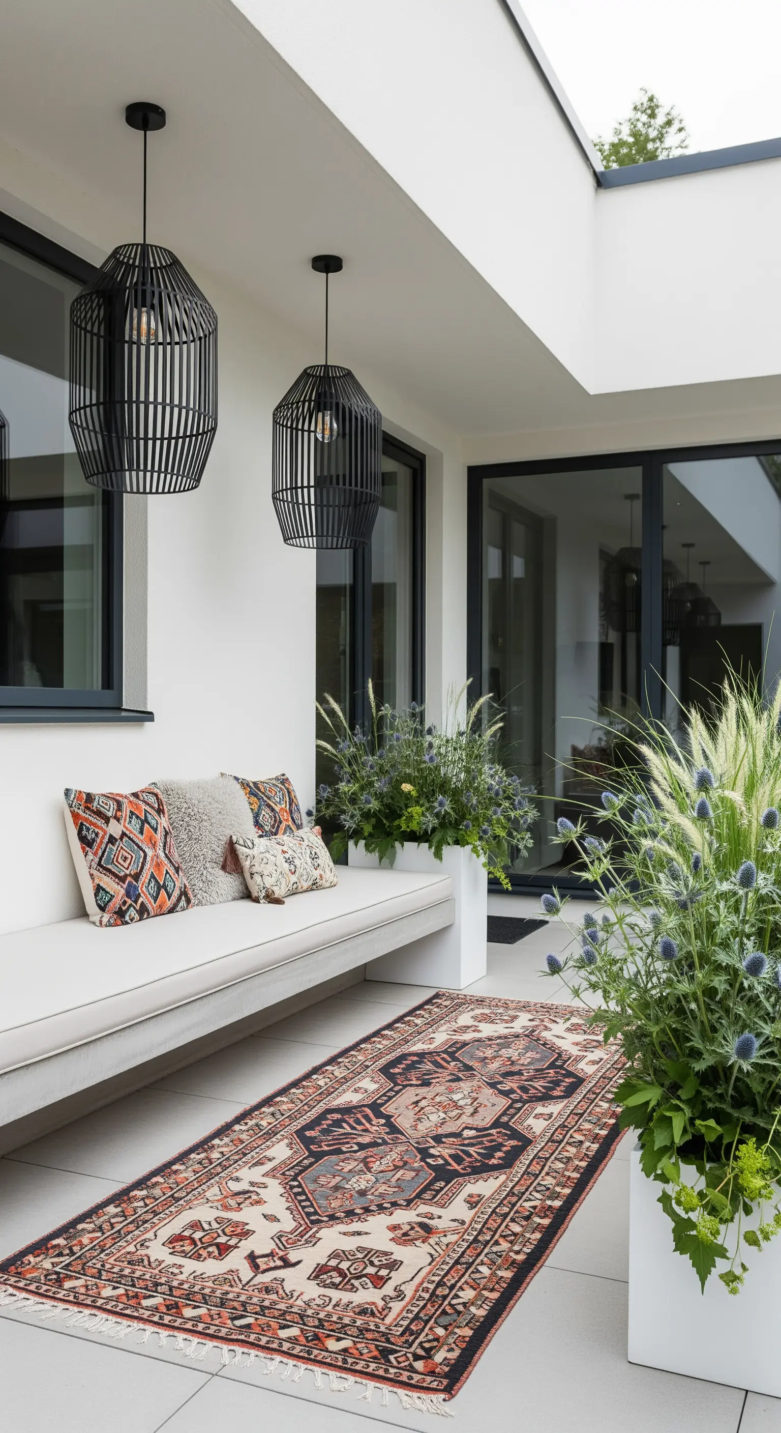 Patio moderno con panca in muratura, tappeto kilim e lampade a sospensione nere.