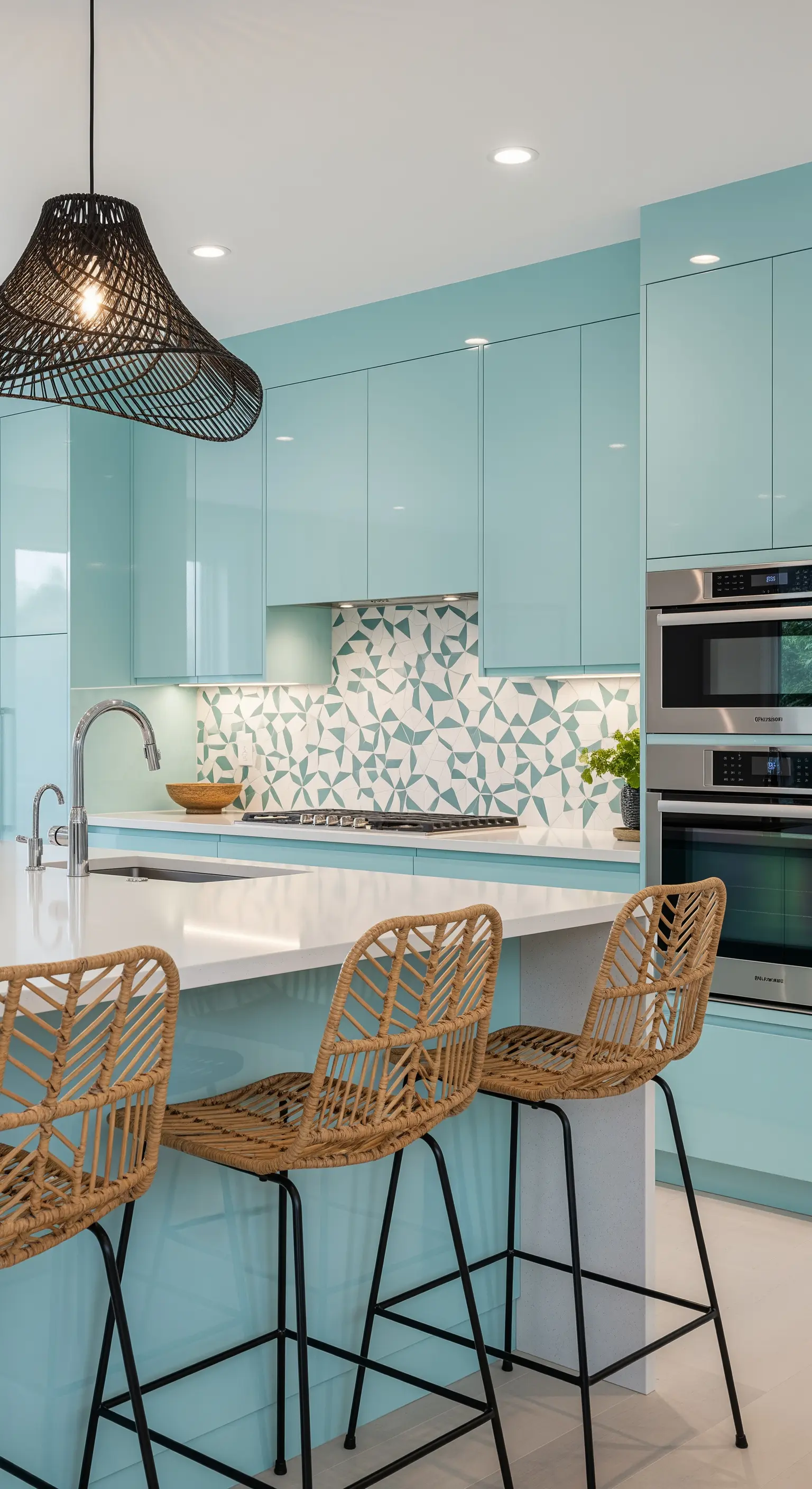 Cucina moderna azzurra con sgabelli in rattan e paraschizzi a motivi geometrici.