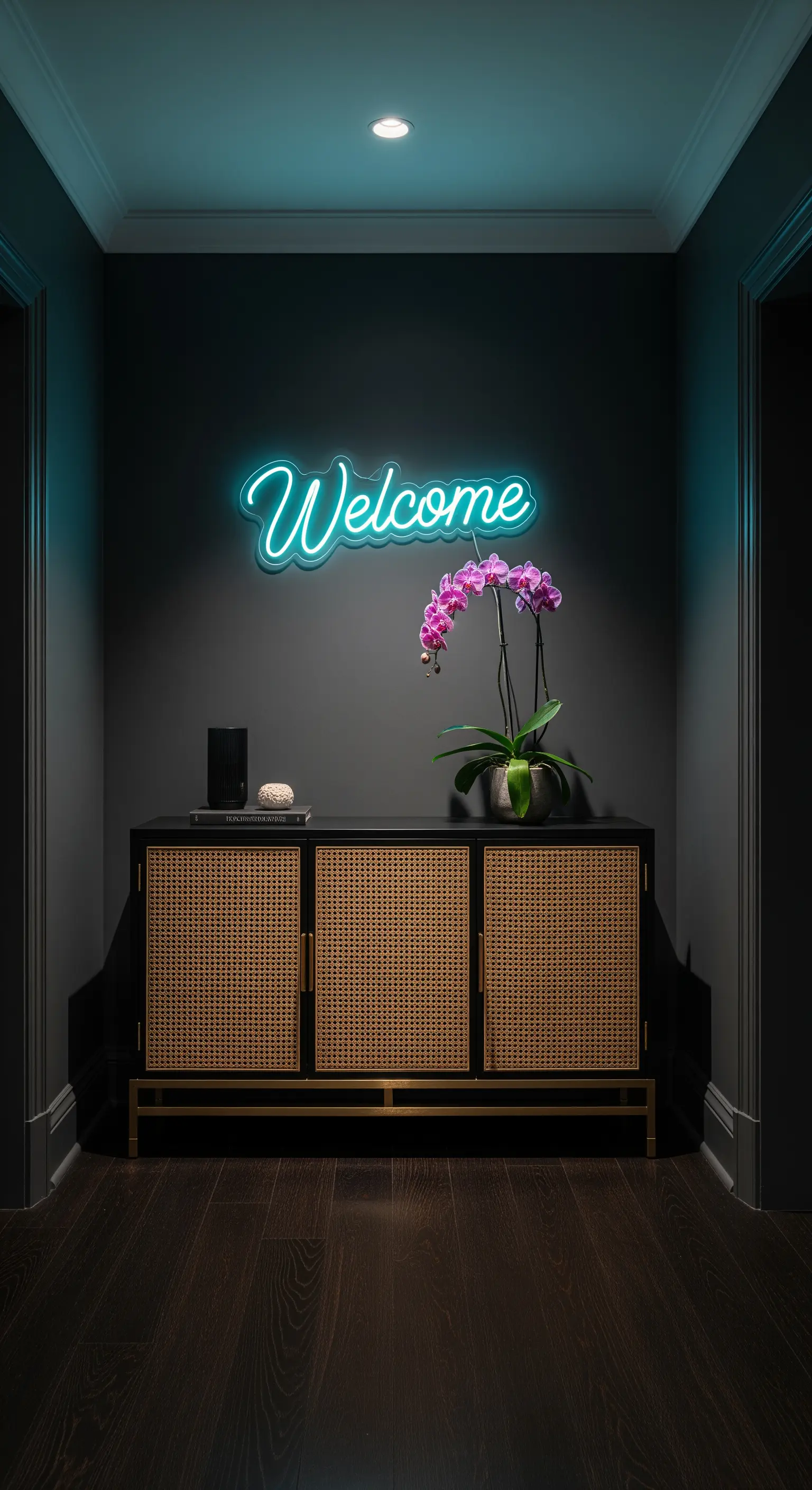 Credenza in rattan e ottone in un corridoio scuro, illuminata da un'insegna al neon.