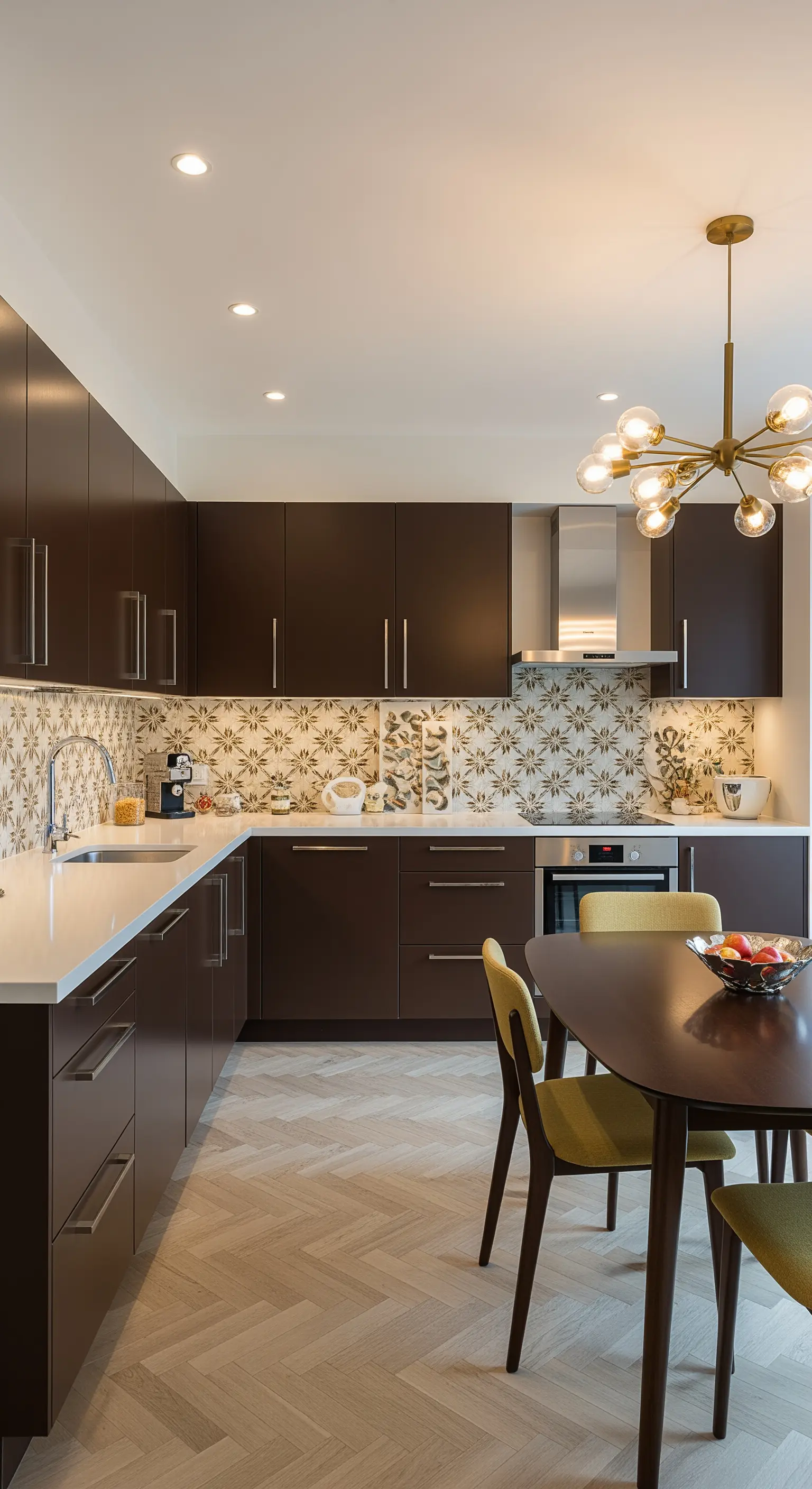 Cucina con mobili marrone scuro, paraschizzi floreale e lampadario Sputnik in ottone.