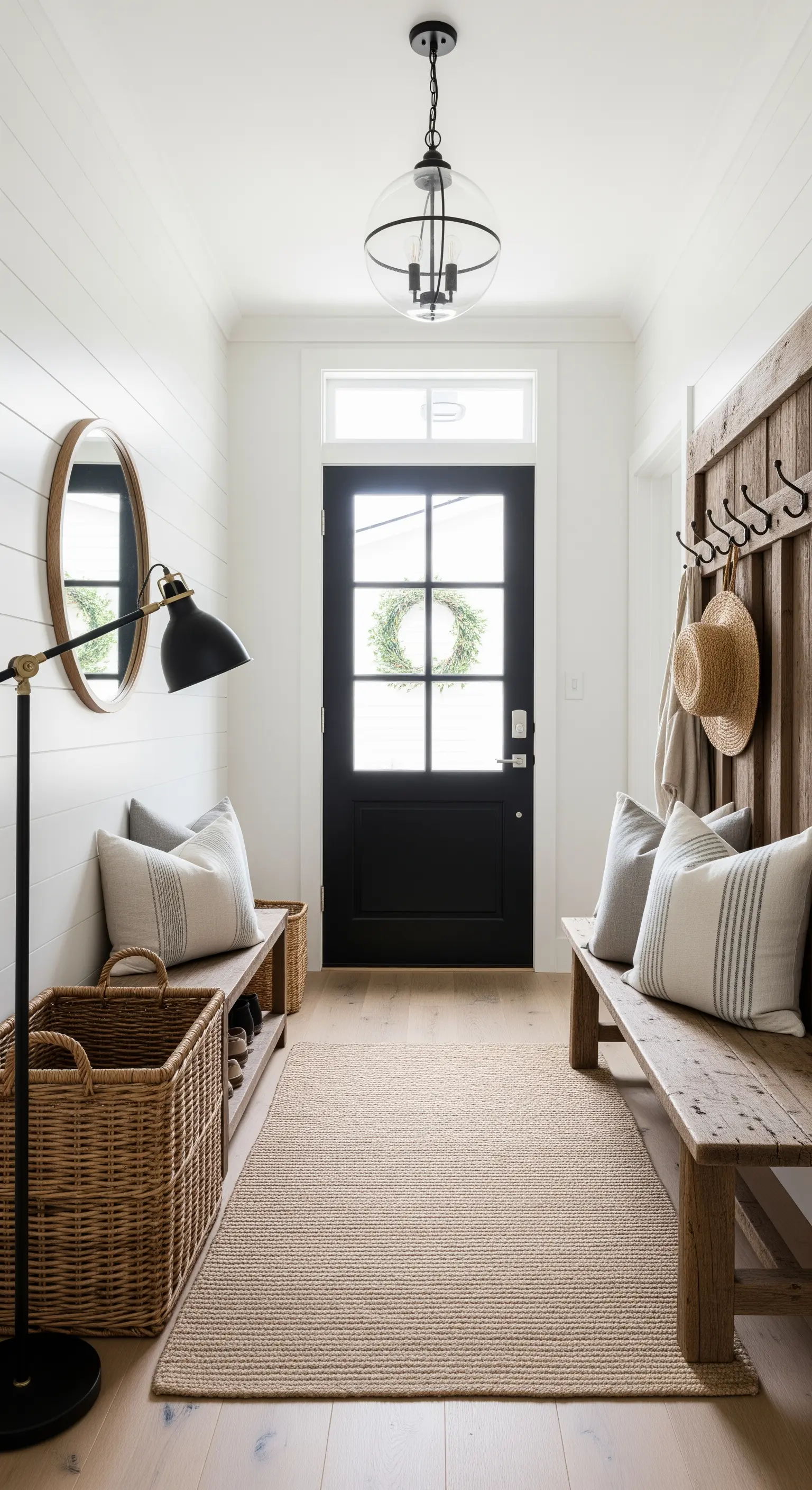 Ingresso in stile rustico moderno con panca in legno, porta nera e lampada industriale.