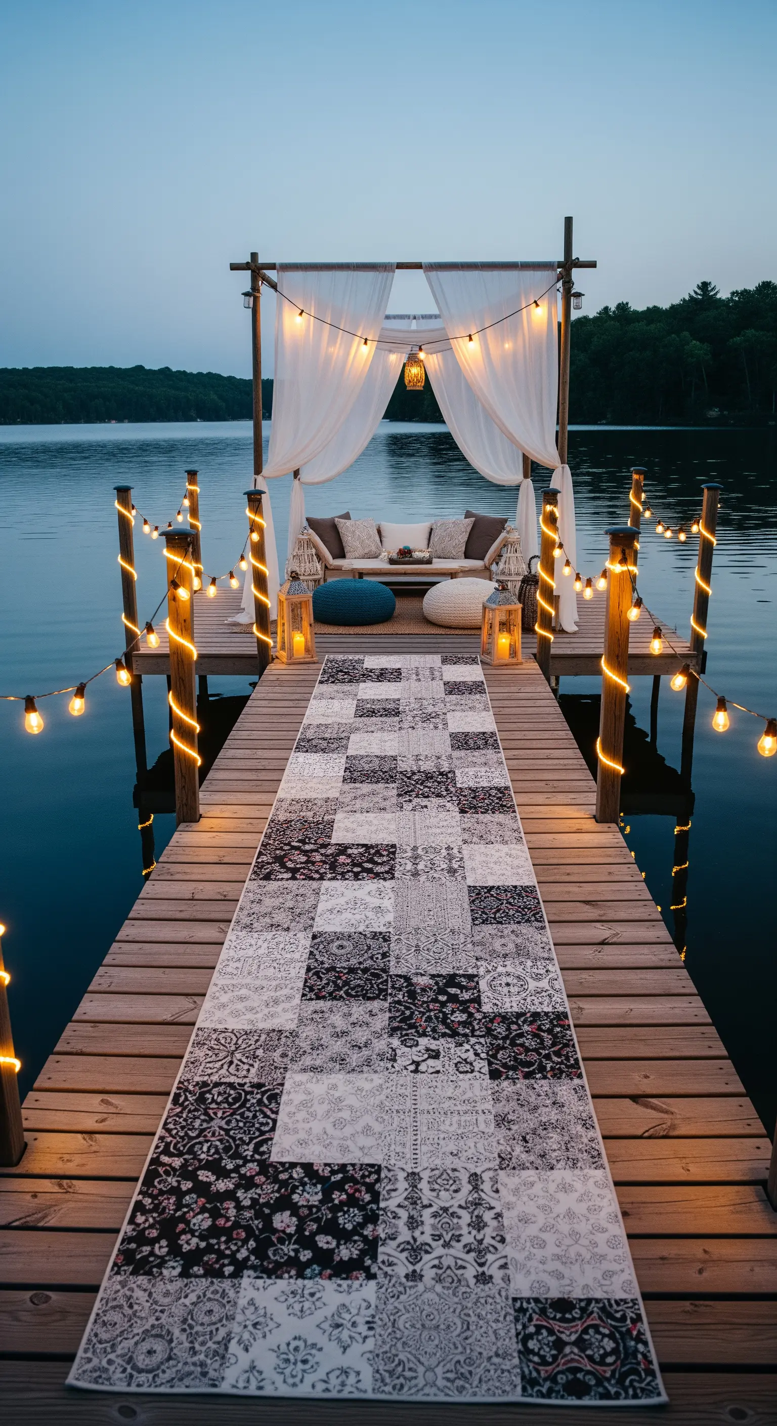 Pontile sul lago con baldacchino, passatoia patchwork e luci calde per un aperitivo.