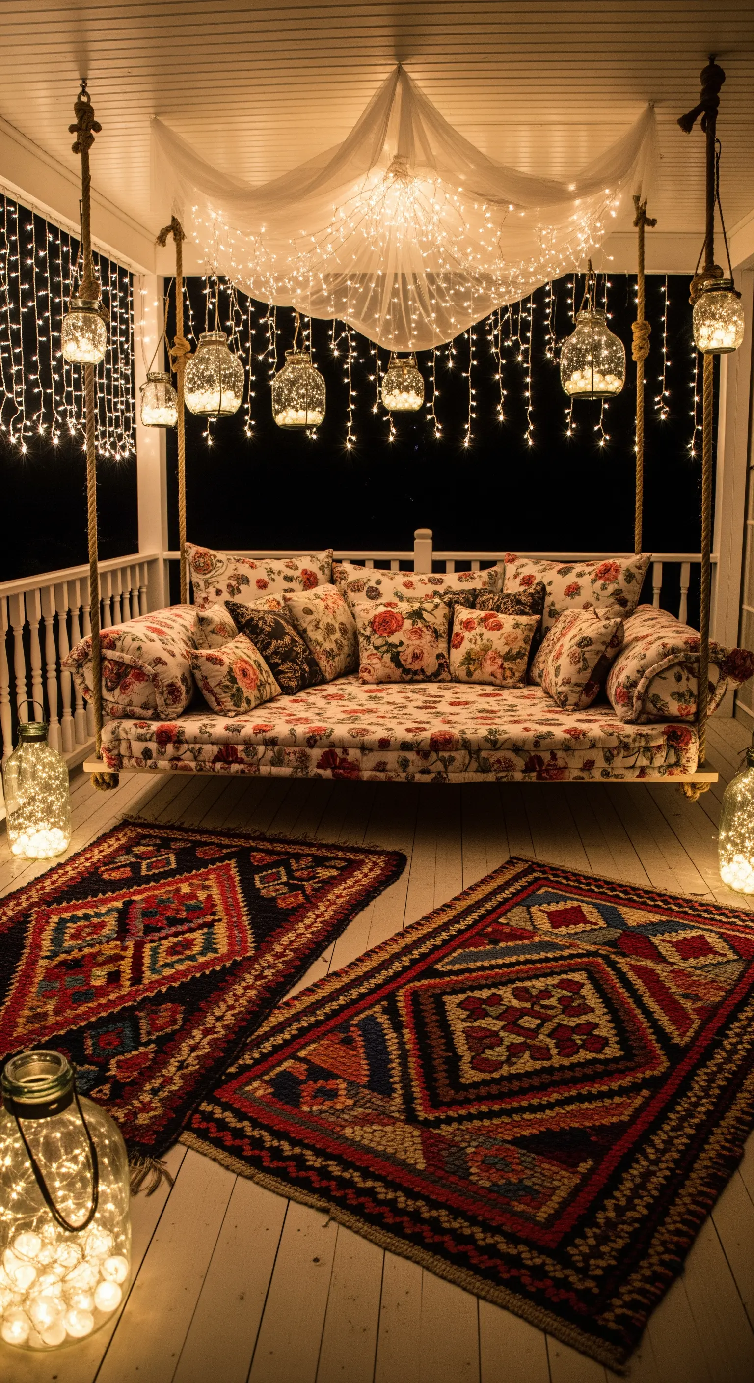 Dondolo fiorito di notte, illuminato da lucine, con due tappeti kilim sovrapposti.