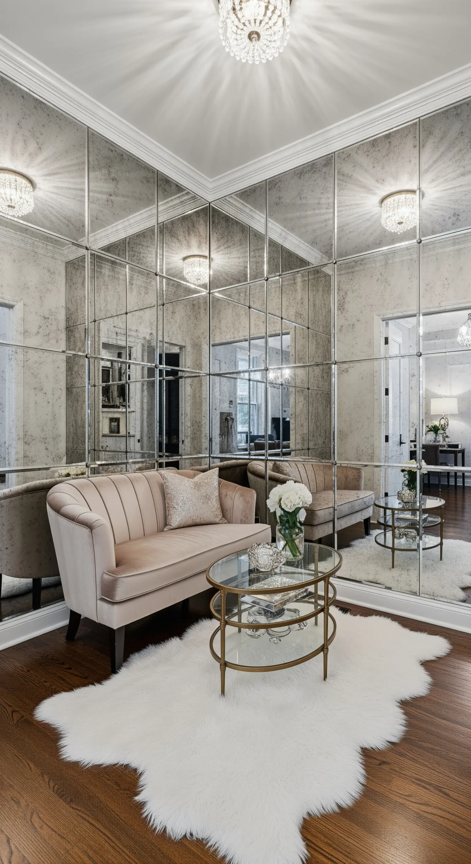 Piccolo salotto elegante con pareti interamente rivestite di specchi anticati a pannelli