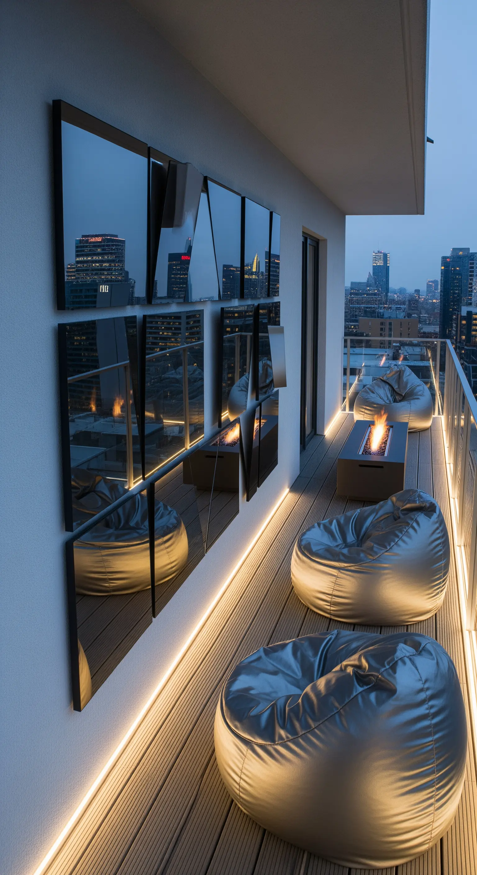 Balcone stretto con pannelli a specchio che riflettono lo skyline e illuminazione LED a pavimento.