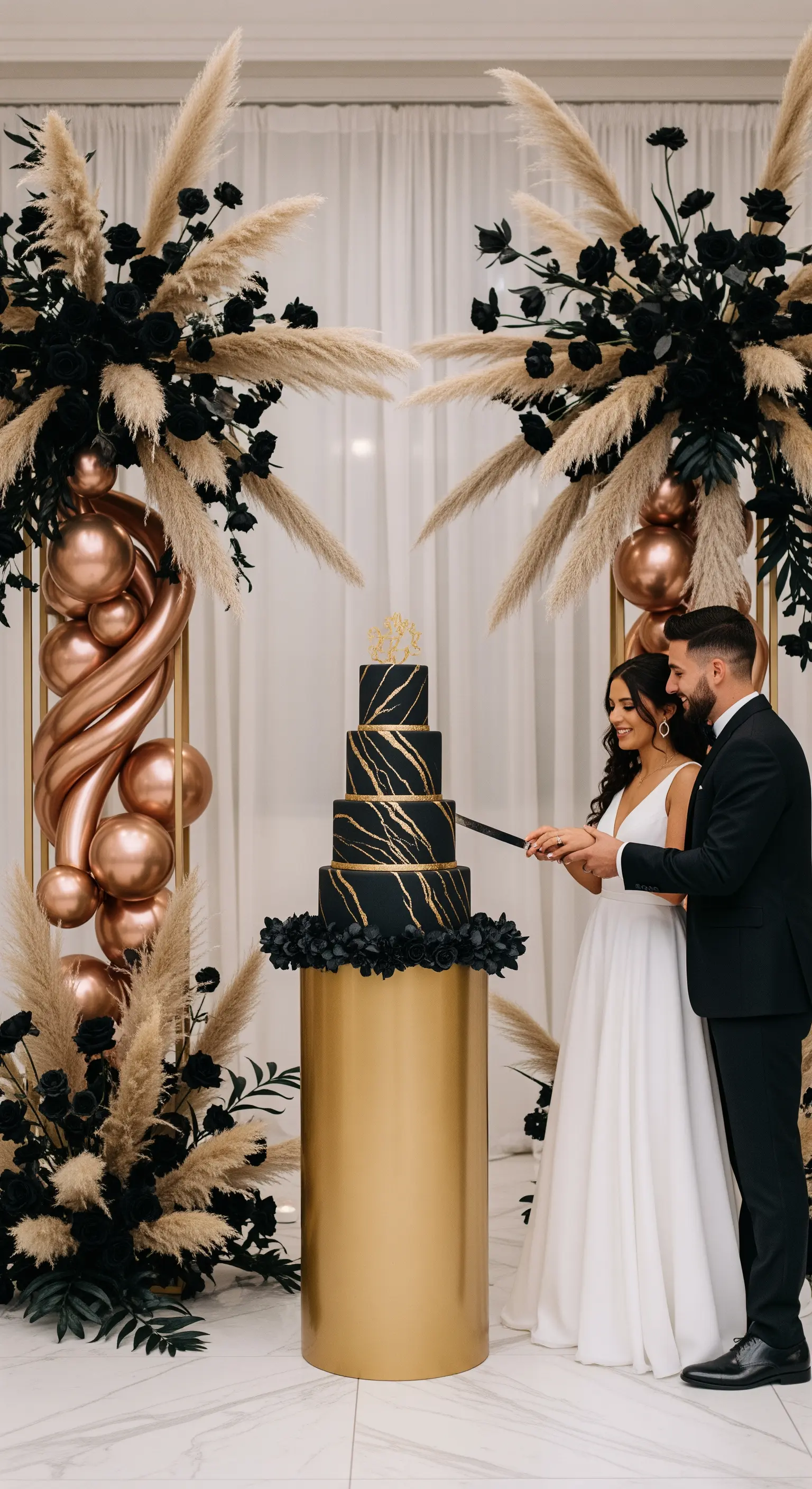 Sposi che tagliano una torta nera e oro, con un backdrop di erba delle pampas.