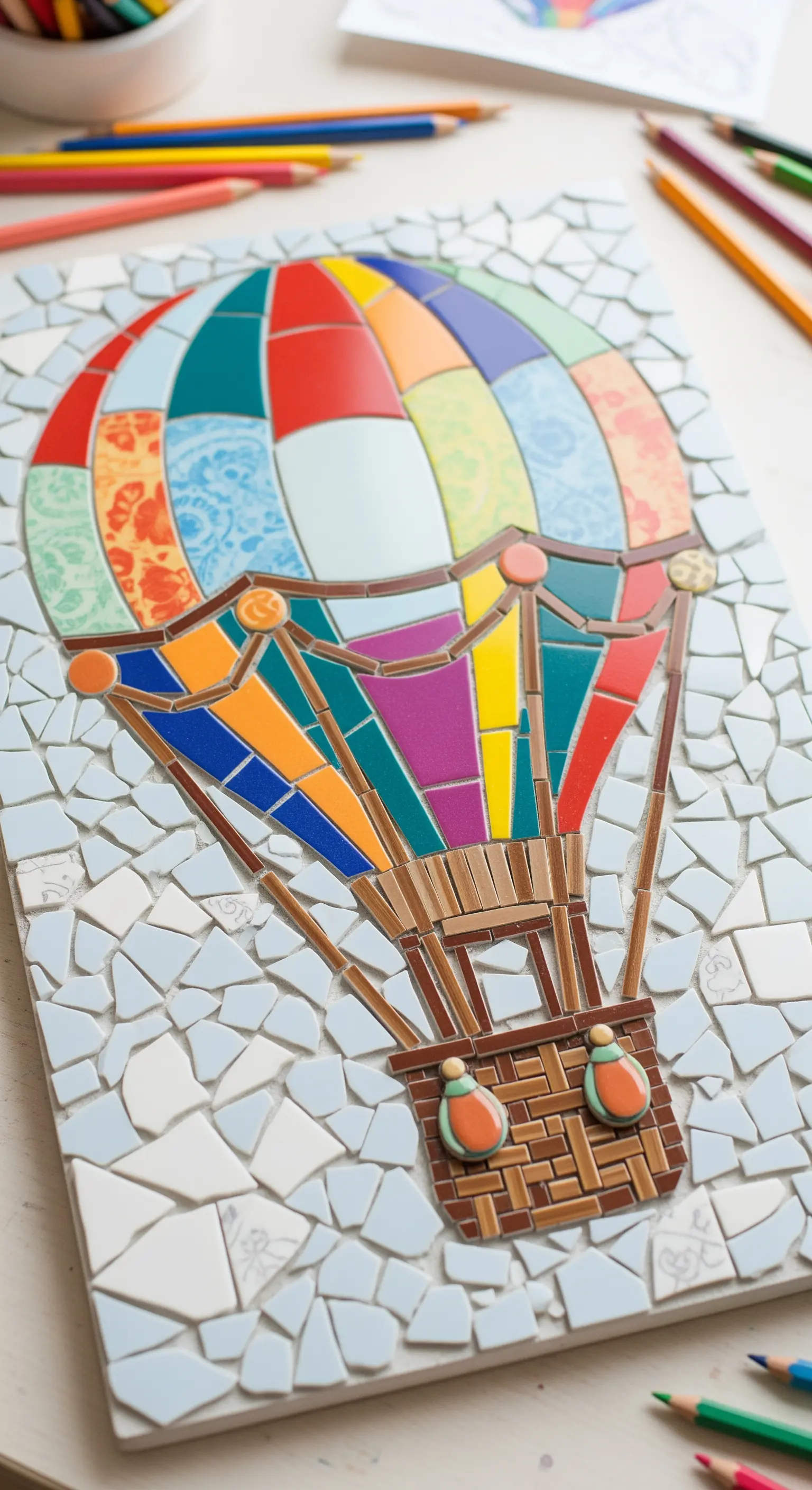 Mosaico di una coloratissima mongolfiera realizzata con piastrelle decorate di diversi pattern.