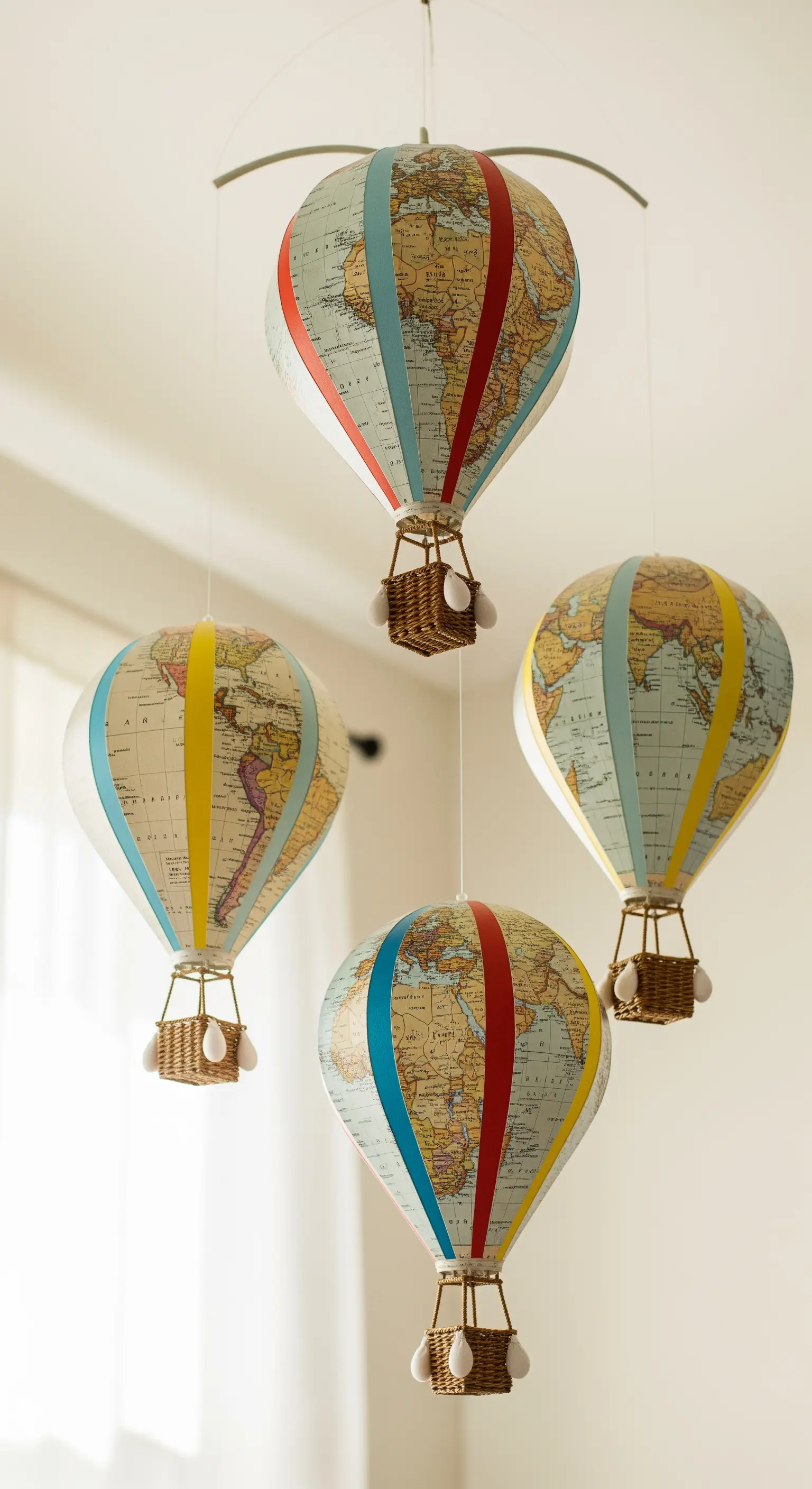 Quattro mongolfiere decorative realizzate con carta di mappe geografiche e piccoli cestini in vimini.