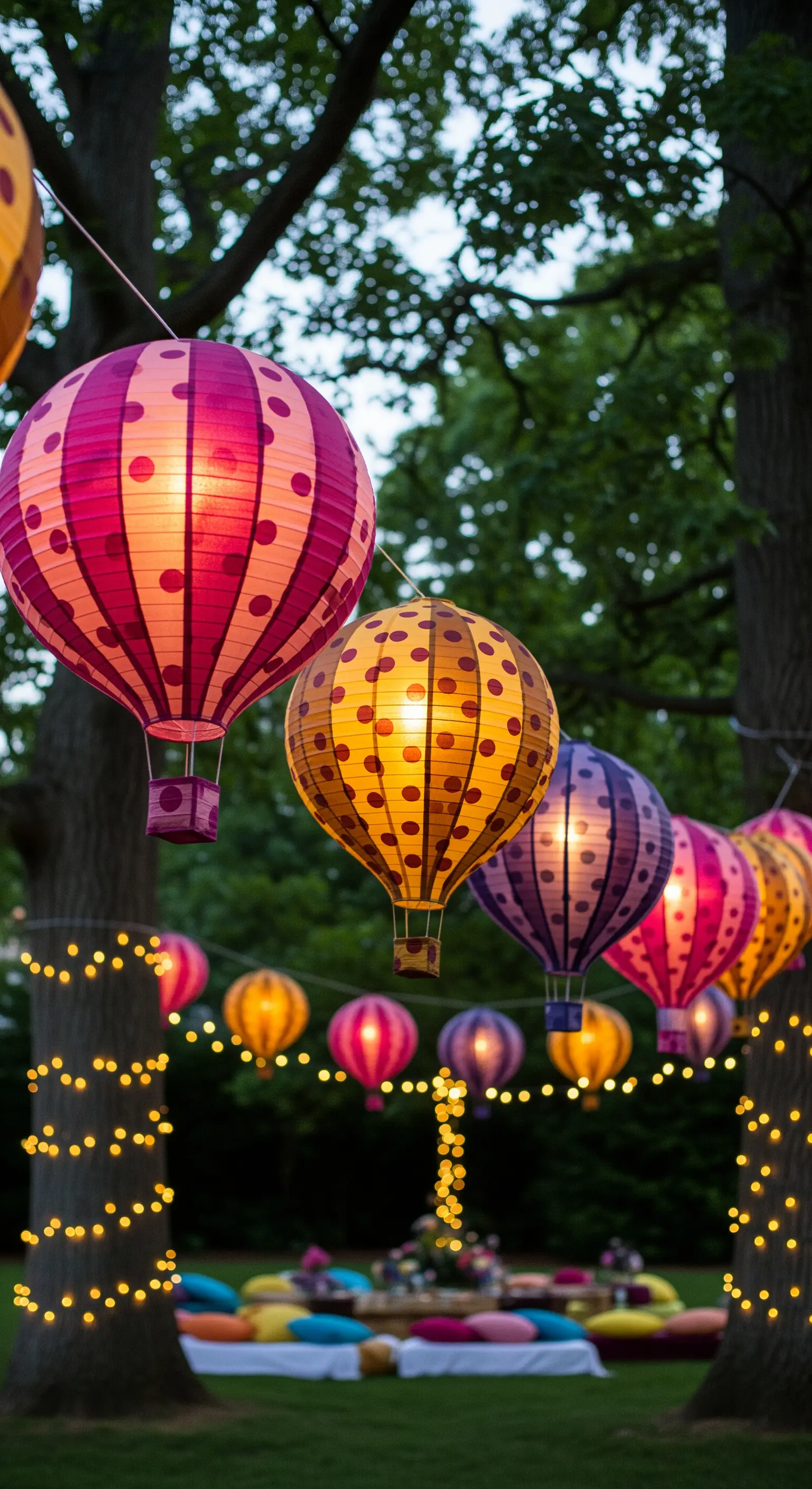 Lanterne a forma di mongolfiera illuminate, appese tra gli alberi in un giardino per una festa serale.