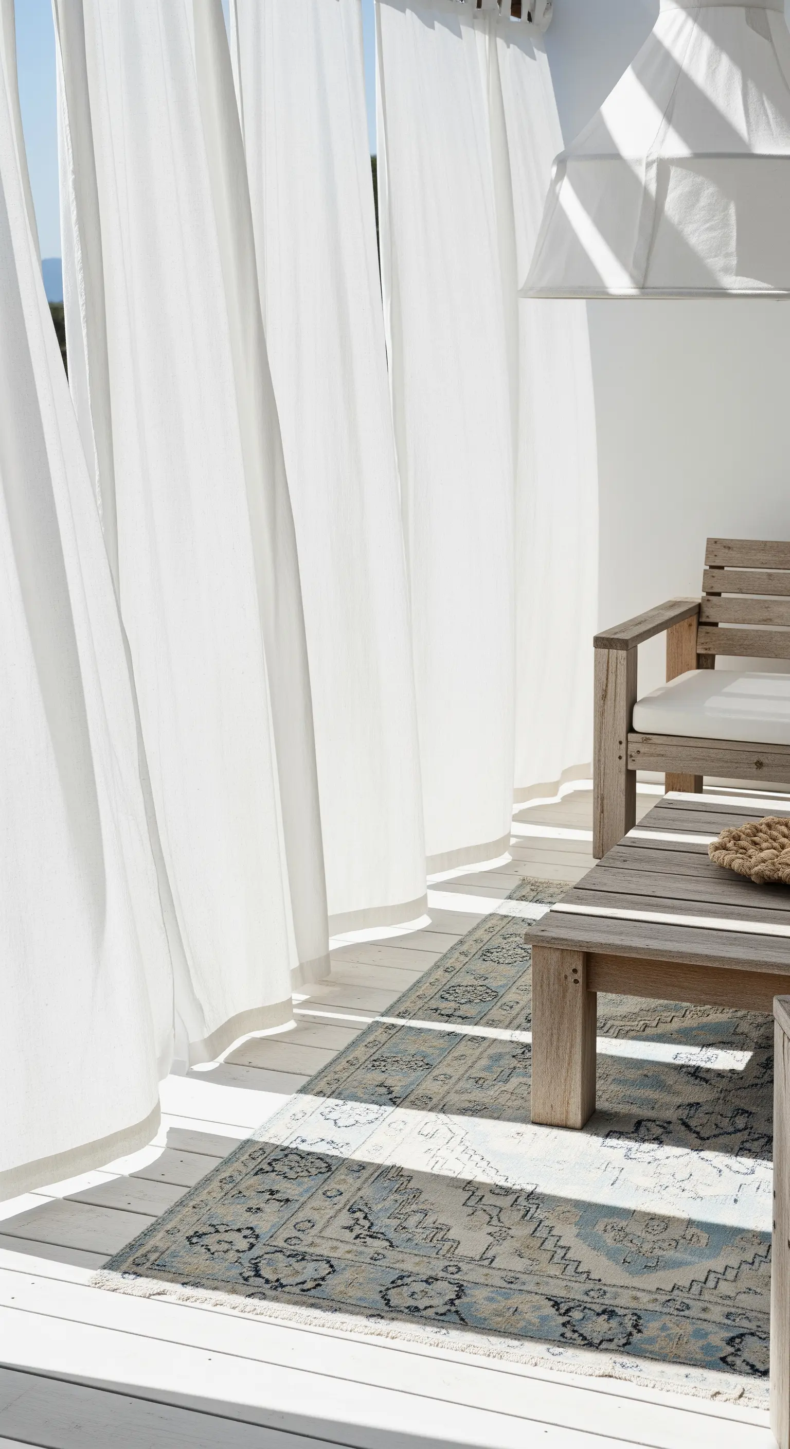 Patio total white con tende di lino, arredi in legno chiaro e tappeto a trama.