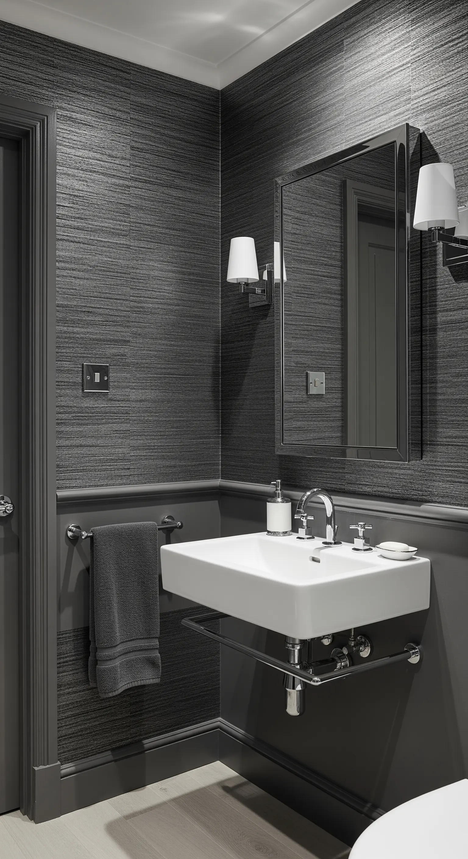 Bagno total grey con boiserie e carta da parati materica a righe orizzontali.