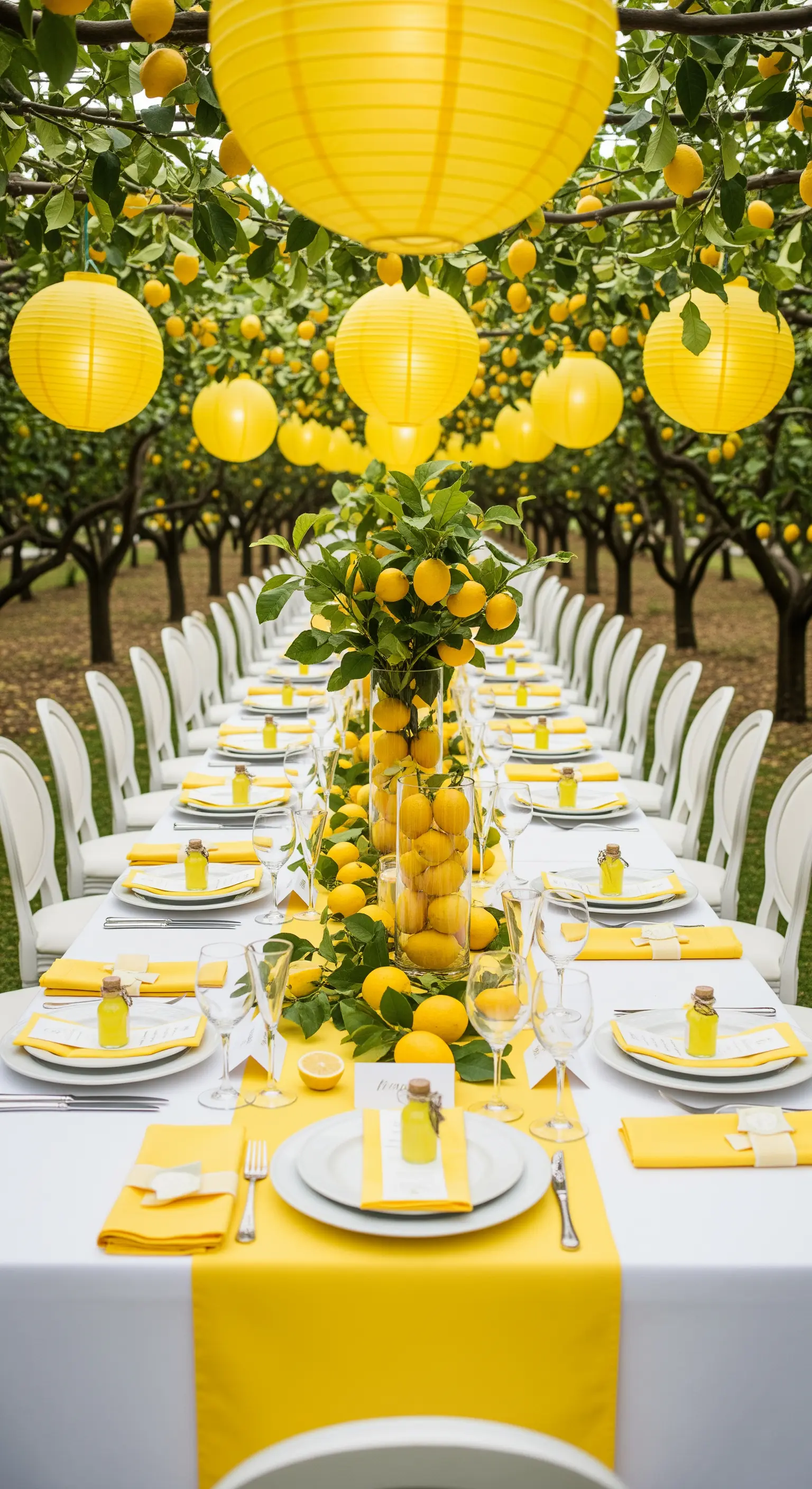 Lunga tavolata in un limoneto con decorazioni monocromatiche gialle e lanterne di carta.