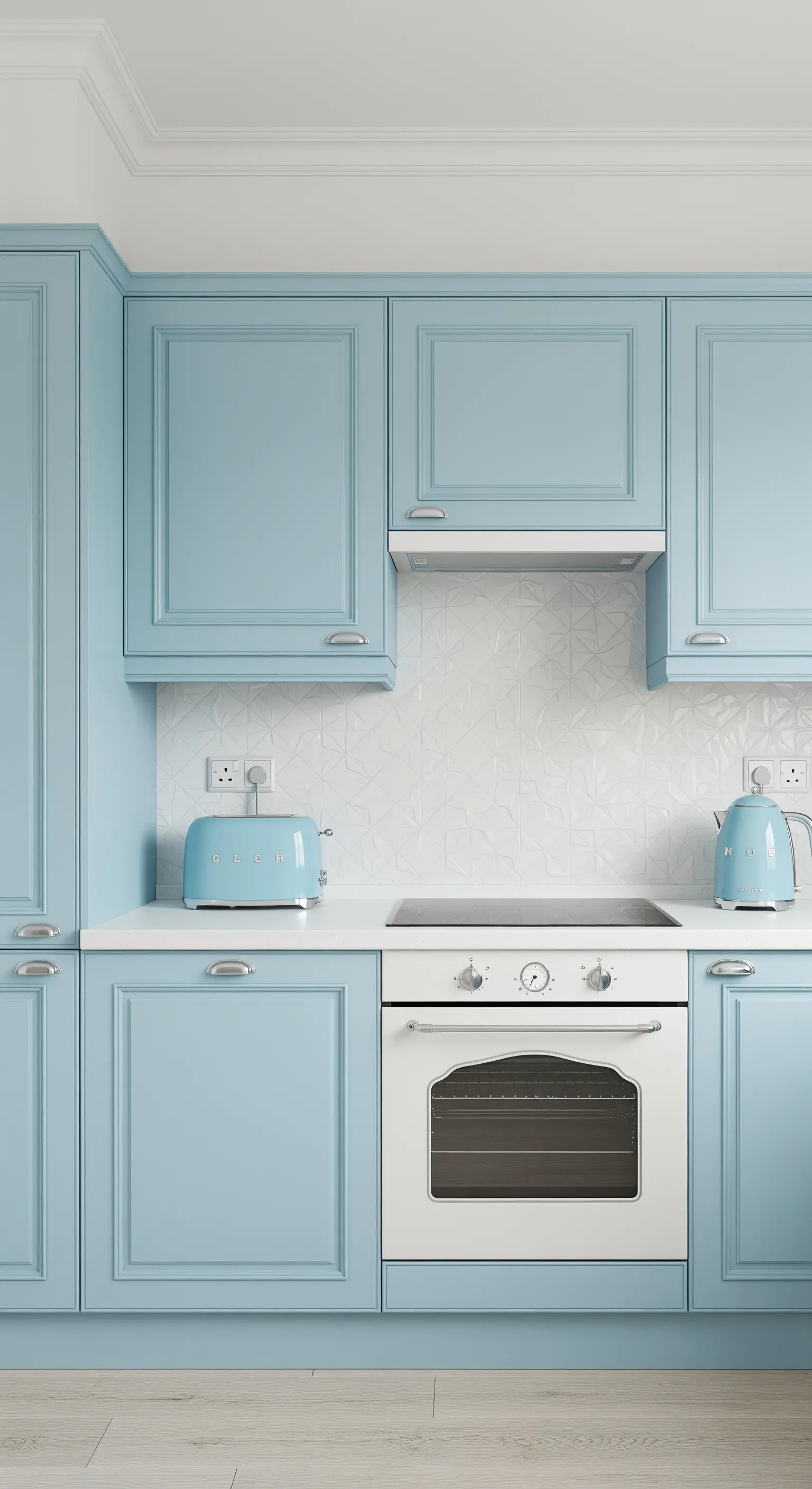 Cucina monocromatica azzurra con elettrodomestici coordinati e piastrelle 3D.