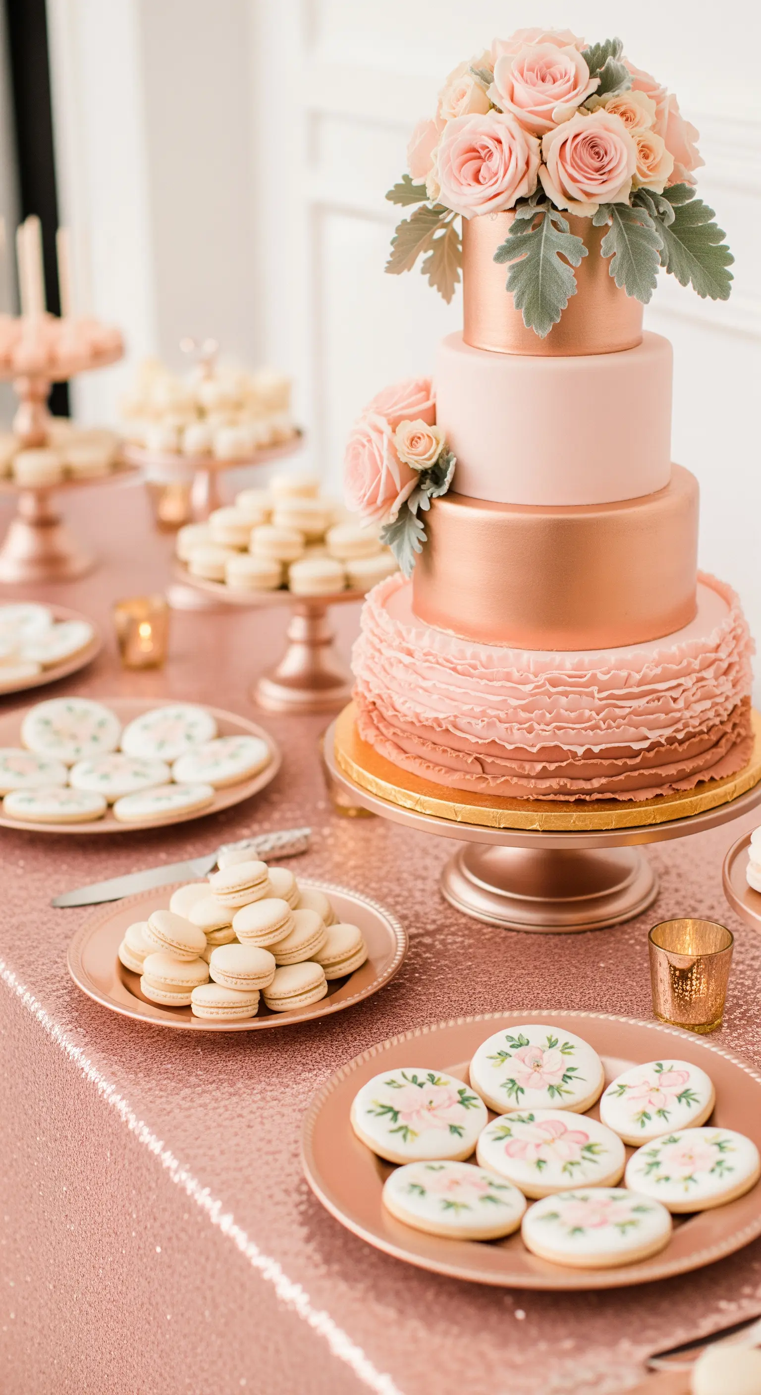 Sweet table color oro rosa con torta a più piani, macarons e biscotti decorati.