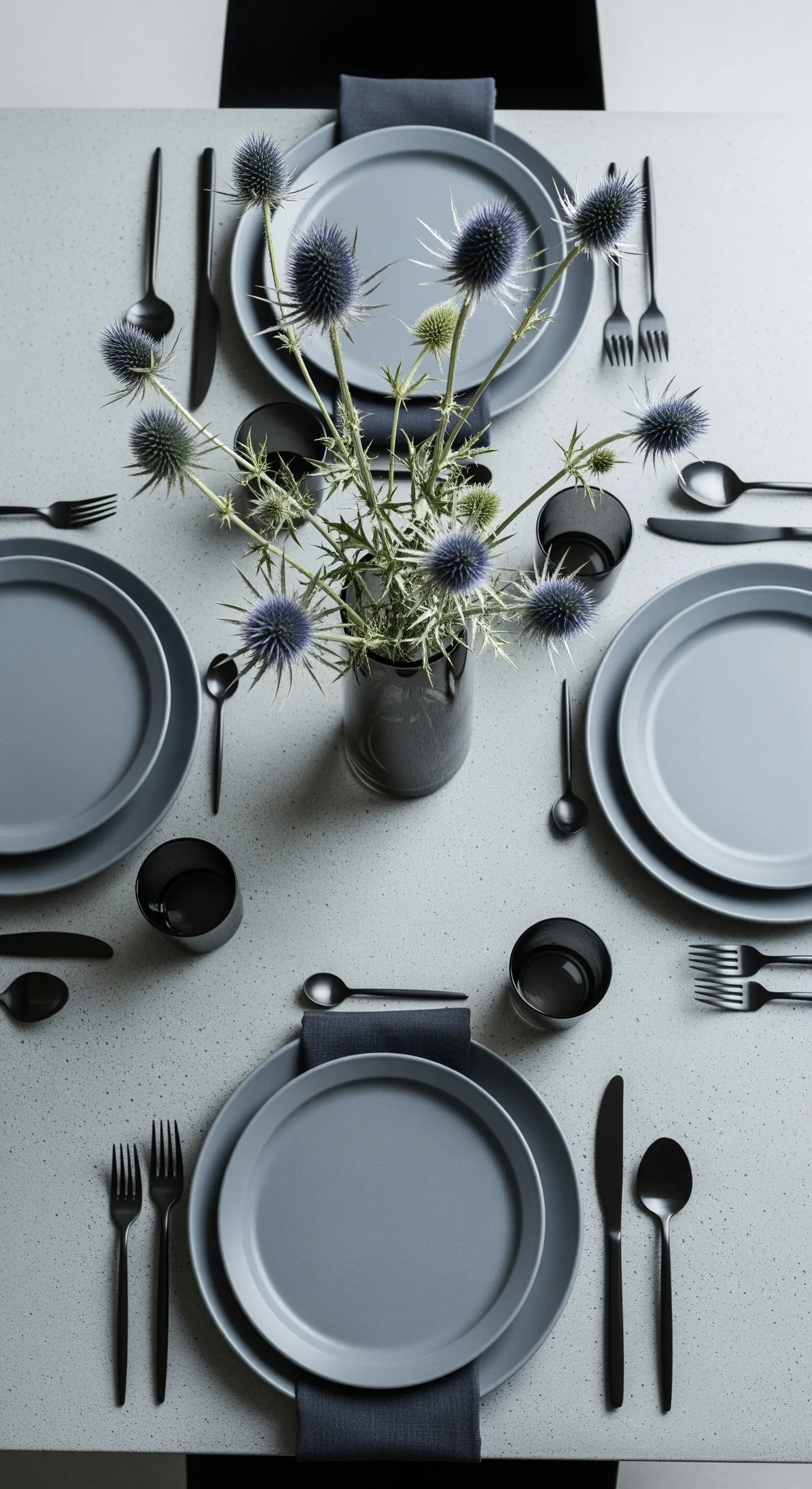 Allestimento monocromatico grigio con cardi blu e posate nere.