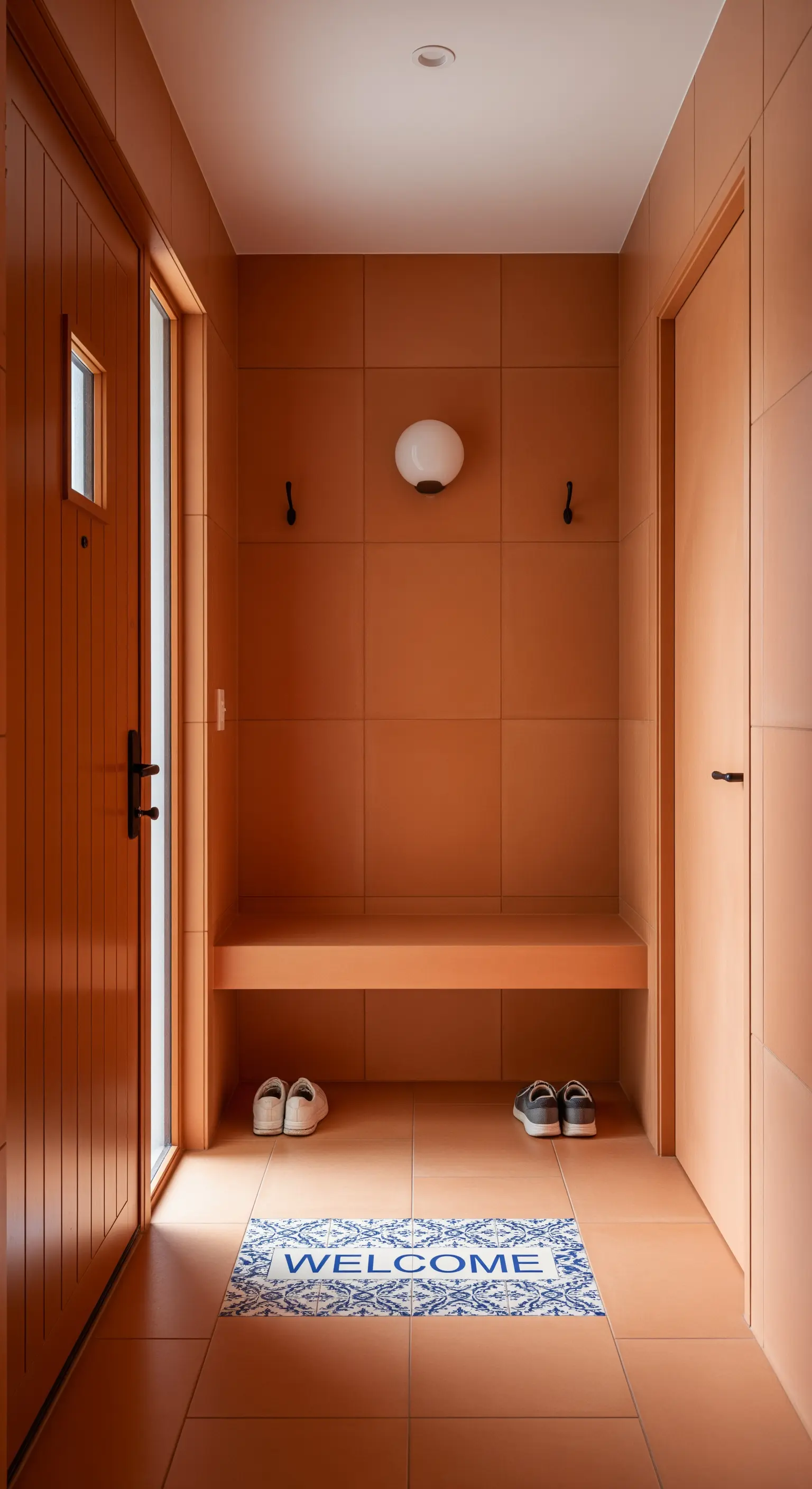 Ingresso minimalista interamente rivestito in piastrelle color terracotta, con un tappetino a maiolica.