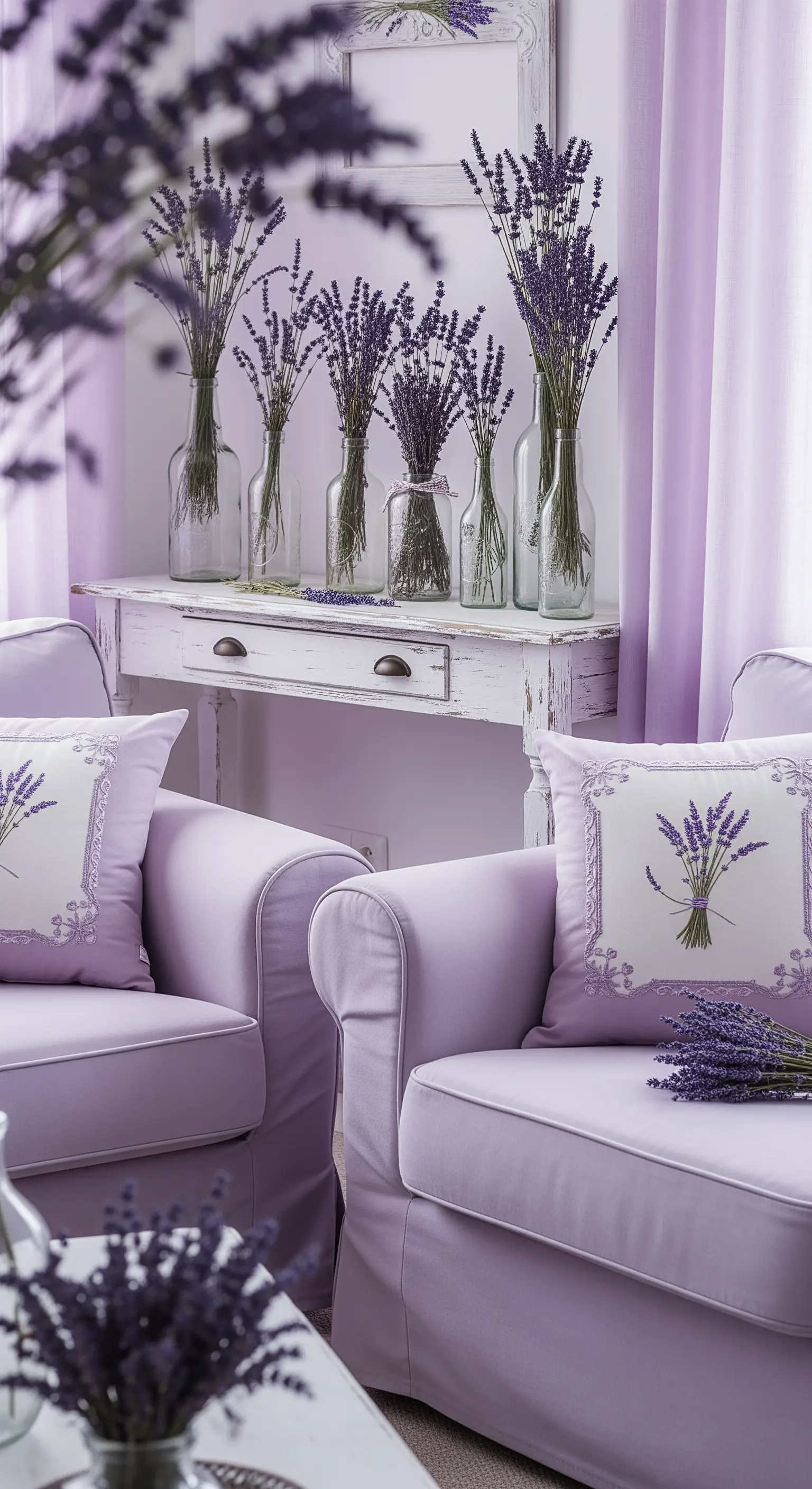 Soggiorno sui toni del lilla e della lavanda con poltrone e cuscini a tema.