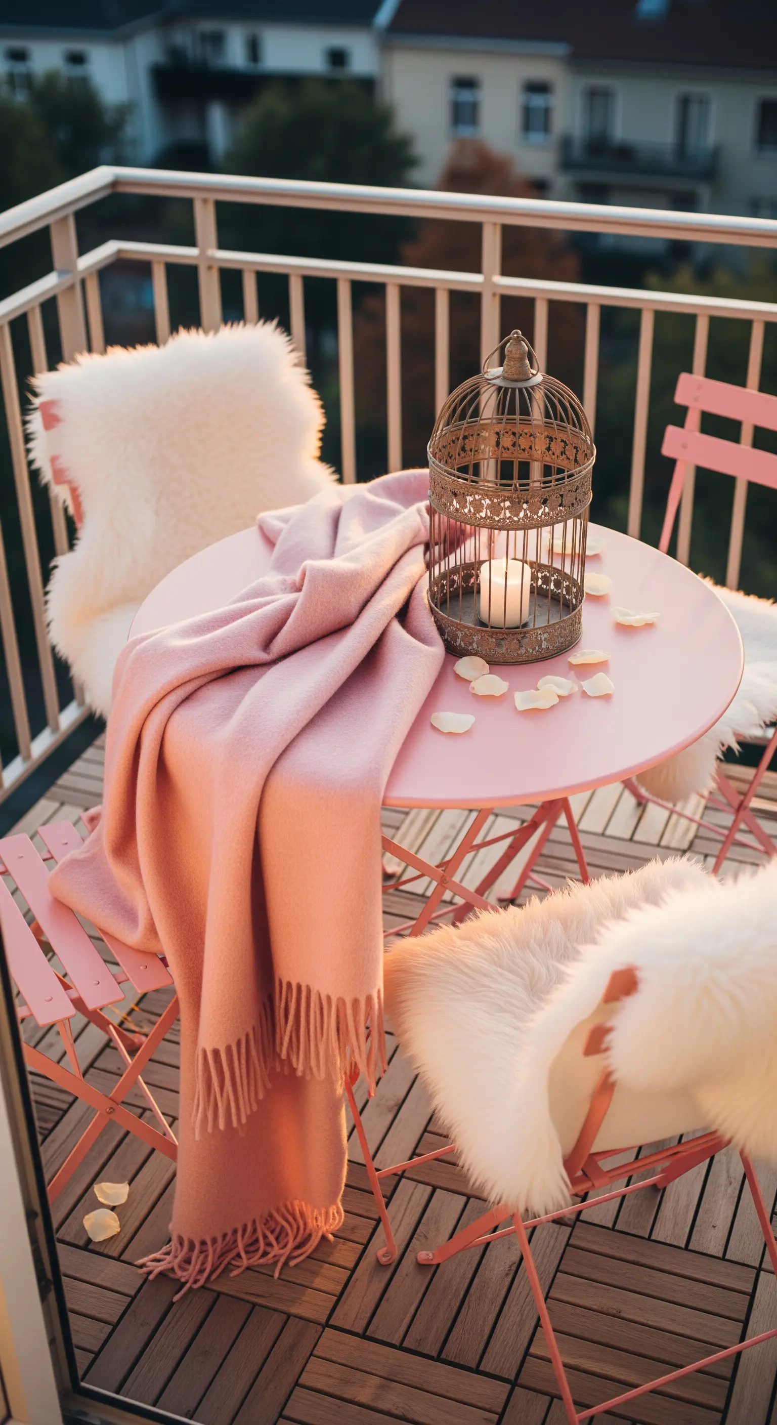 Set da bistrò rosa con pelli di pecora e coperta rosa al tramonto.