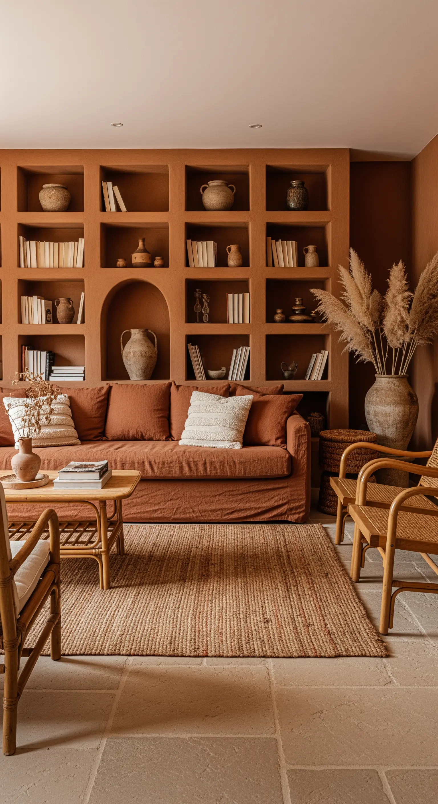 Salotto monocromatico color terracotta con libreria a nicchie e divano in lino.