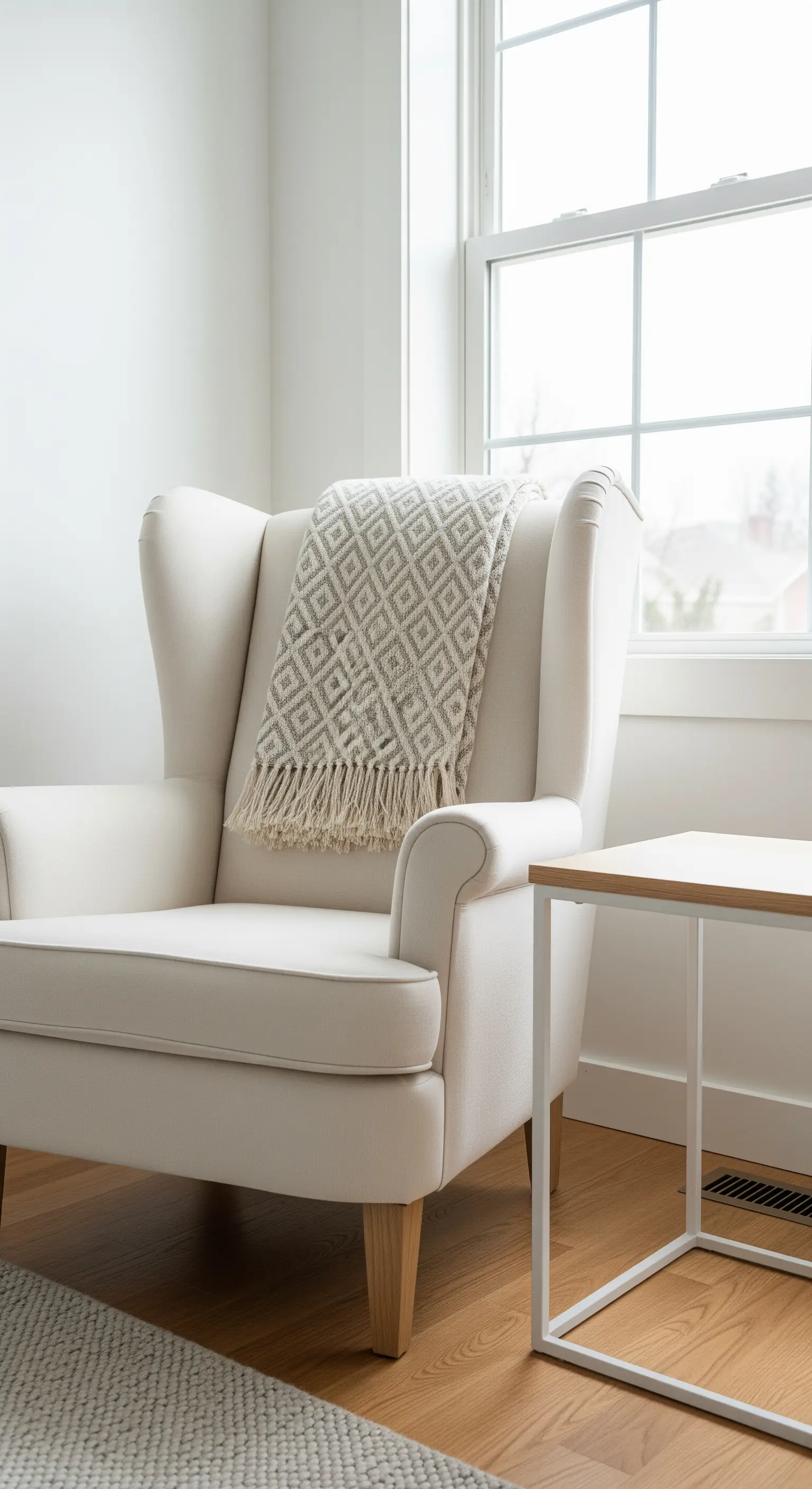 Poltrona a orecchioni color avorio con coperta a motivi geometrici, in un angolo con pareti bianche.