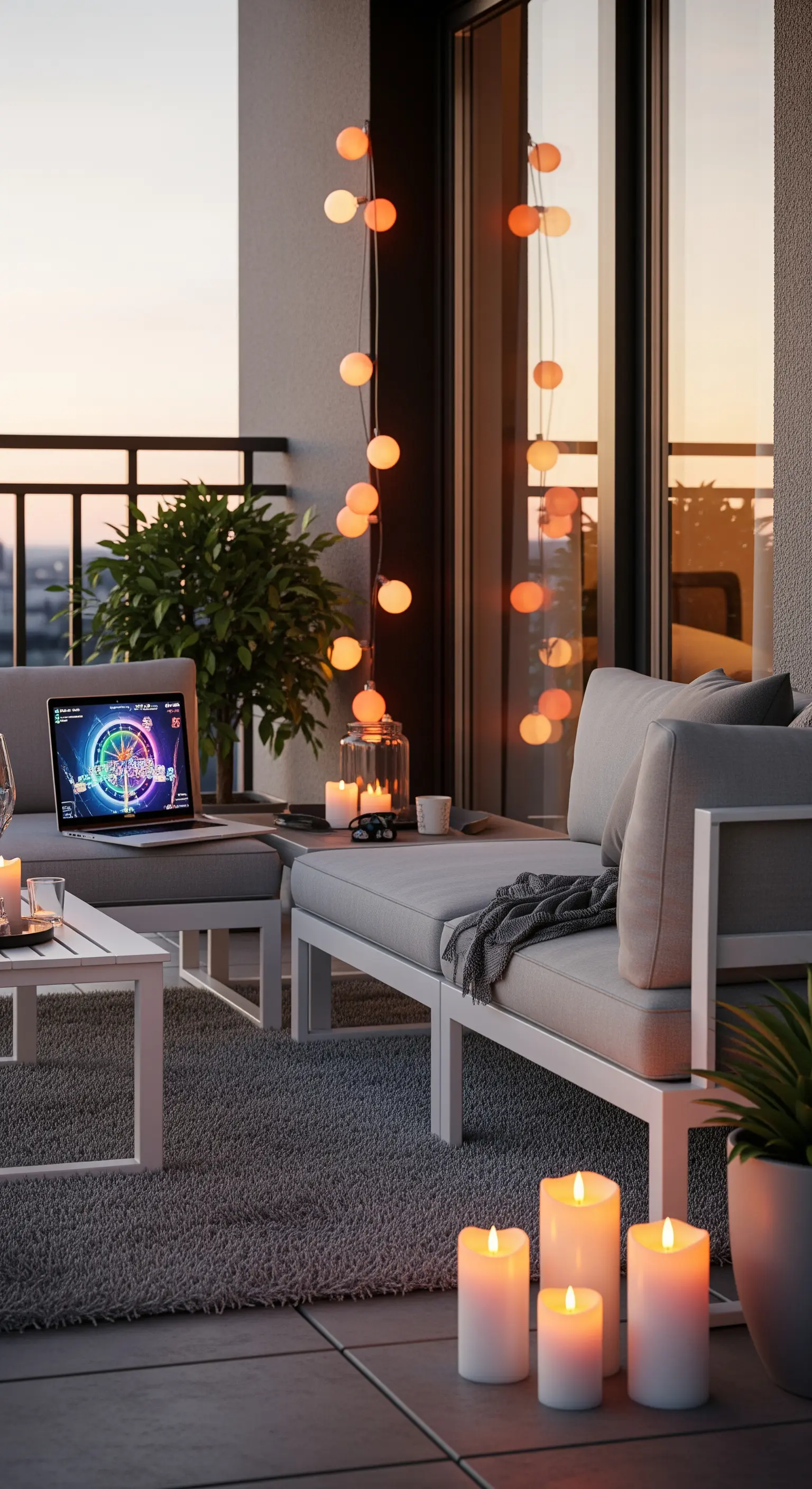 Balcone contemporaneo con divano grigio e un filo di luci a sfera di cotone.