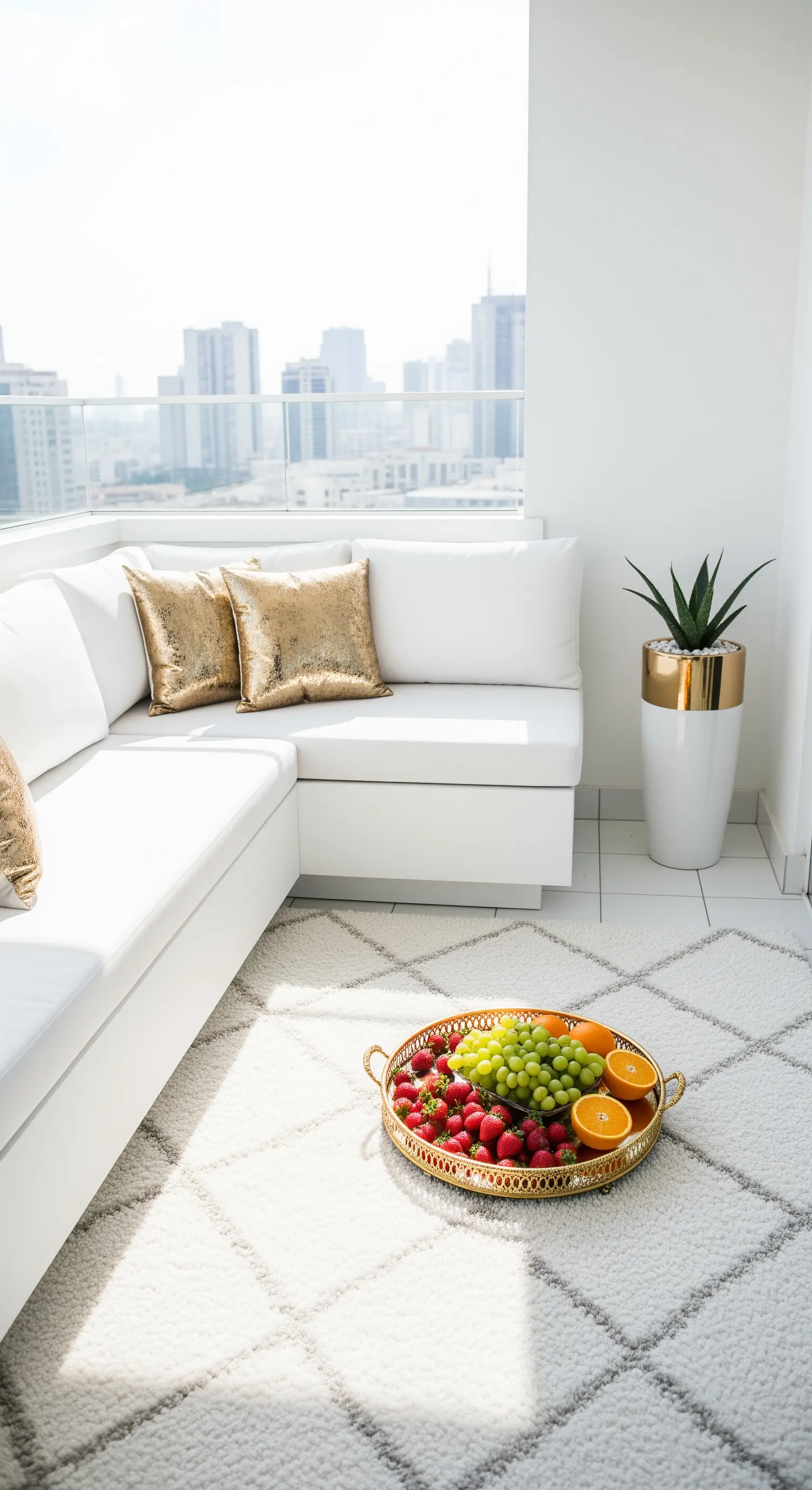 Divano bianco angolare con cuscini di paillettes dorate e un tappeto morbido a rombi.