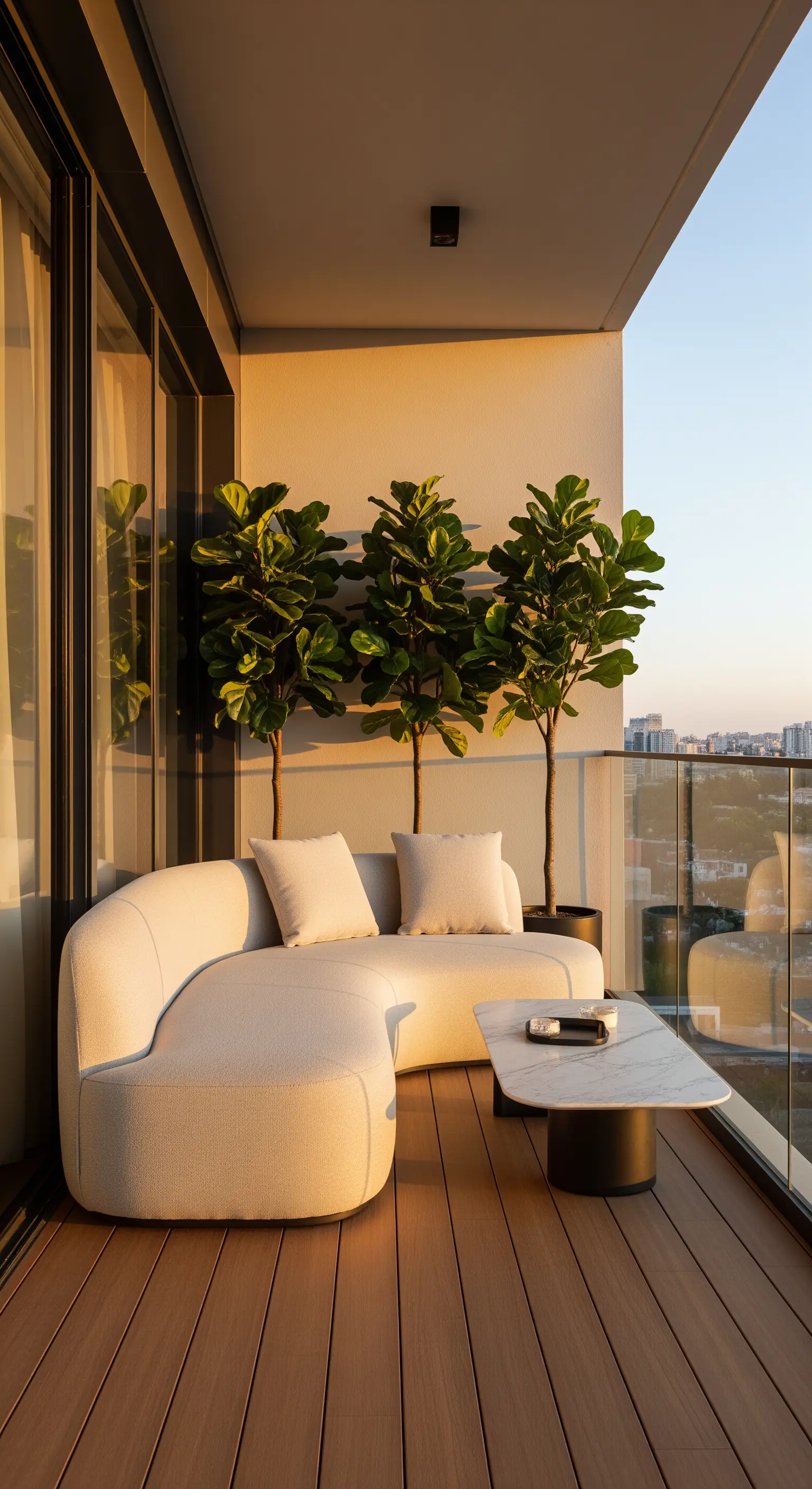 Balcone moderno con divano curvo in tessuto bouclé beige e tavolino con piano in marmo.