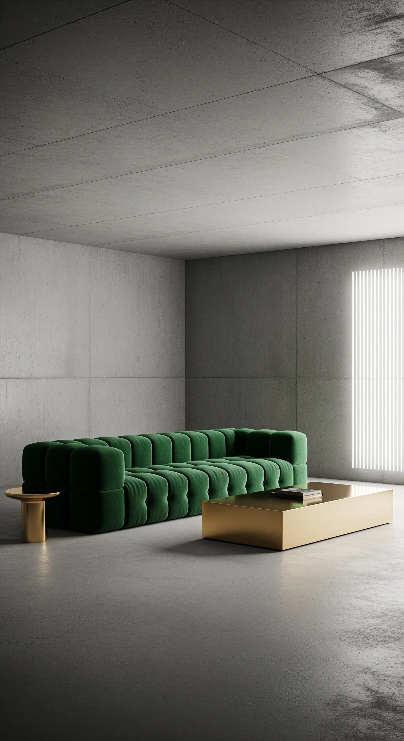 Divano modulare arrotondato in velluto verde in un ambiente con pareti in cemento a vista.