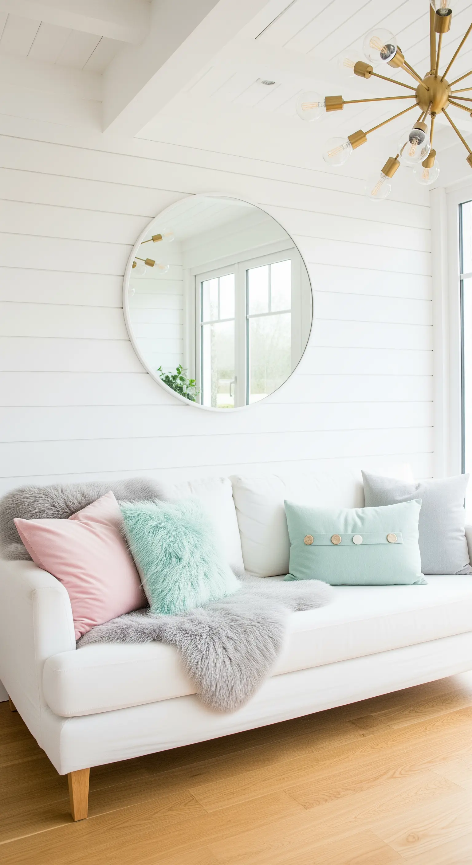 Divano bianco con cuscini pastello e pelliccia grigia, specchio rotondo e lampadario dorato.