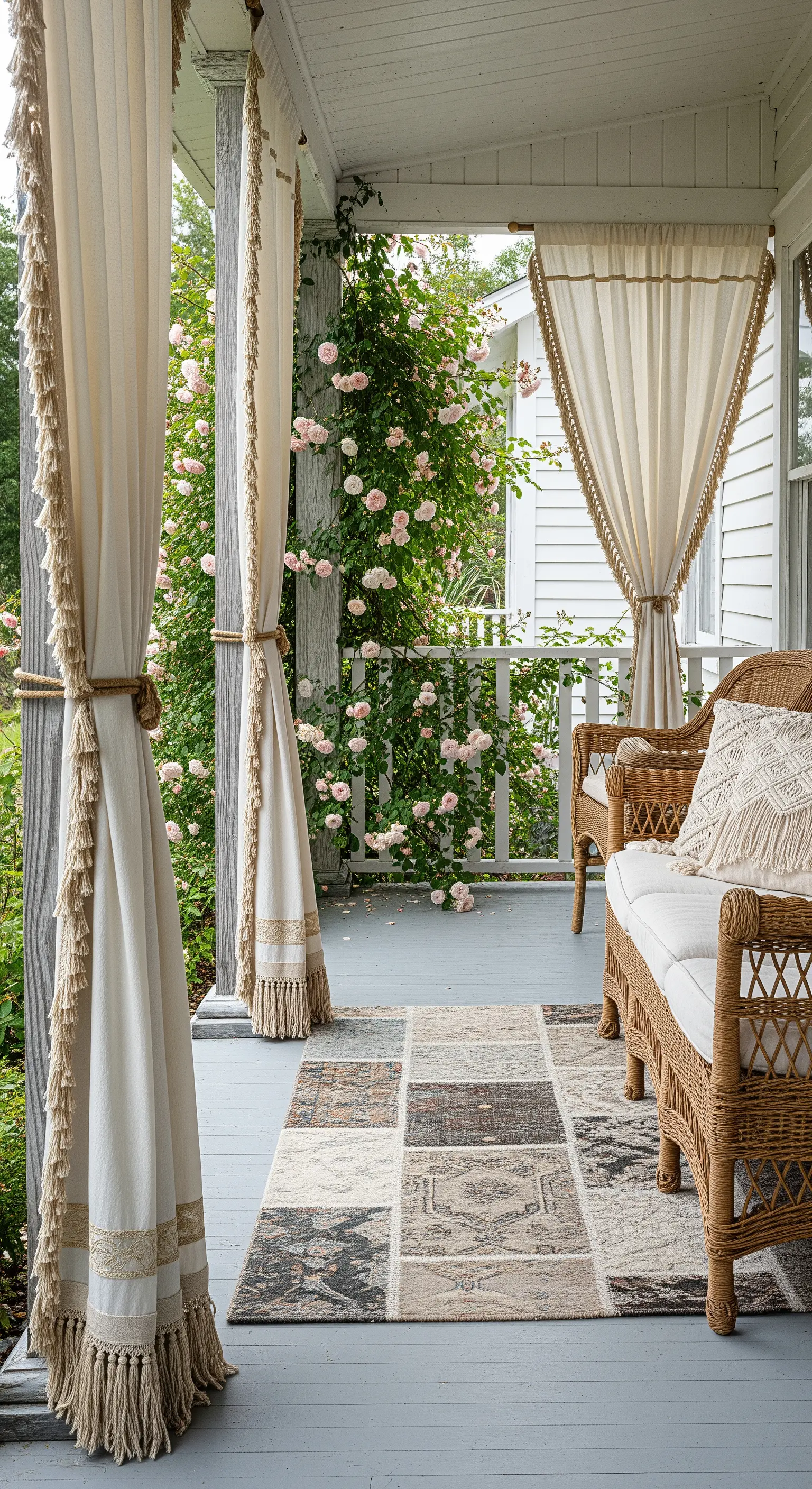 Portico con tende color crema raccolte attorno alle colonne e divano in vimini.