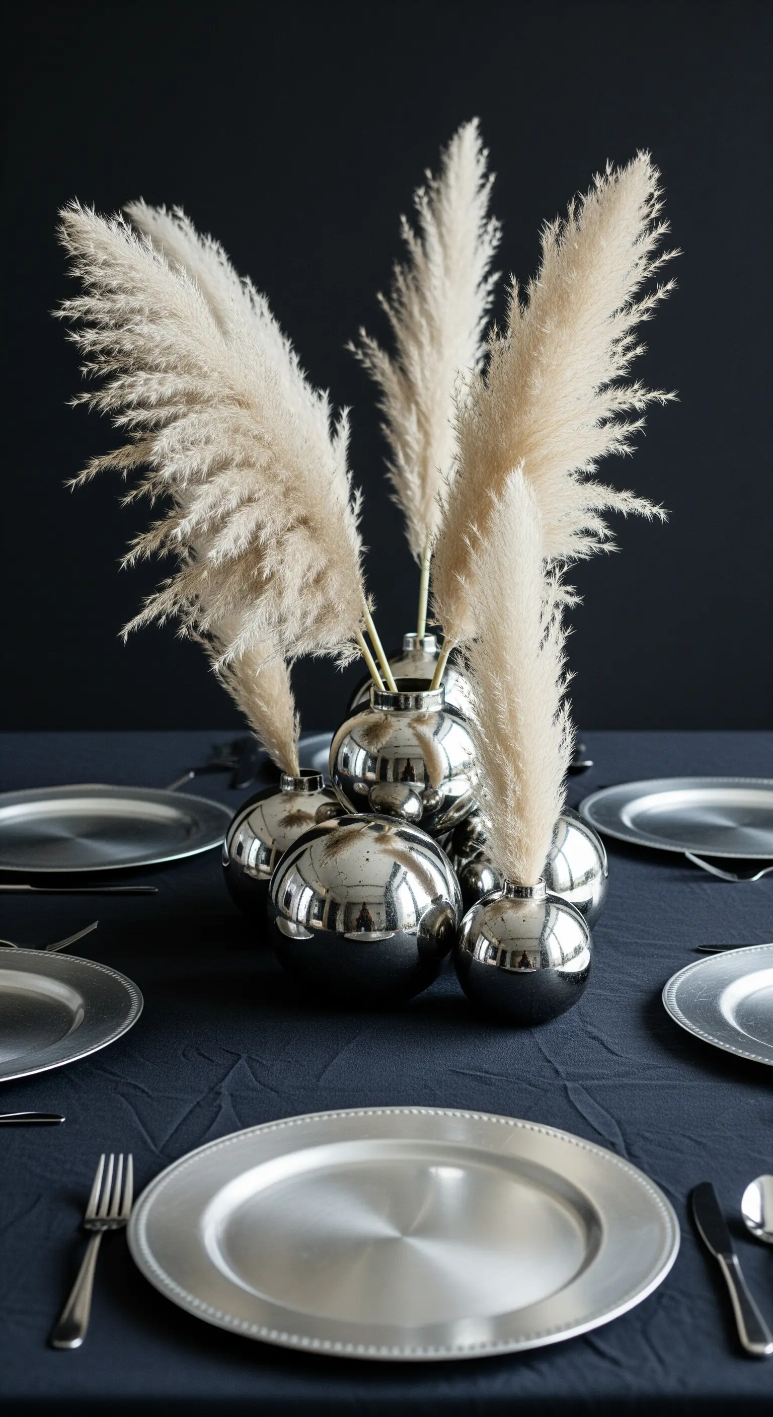 Centrotavola con erba di pampas in vasi sferici argentati su una tavola nera.